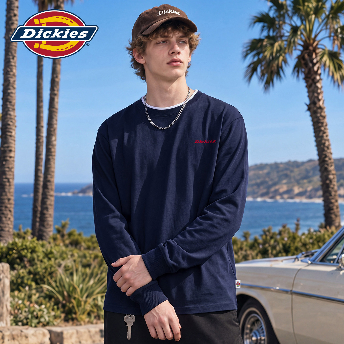 Dickies帝酷适撞色拼接圆领套头长袖T恤男士秋季简约小标上衣服Y