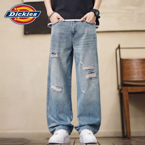 Dickies帝酷适破洞弯刀牛仔裤男美式高街水洗宽松直筒阔腿长裤子M