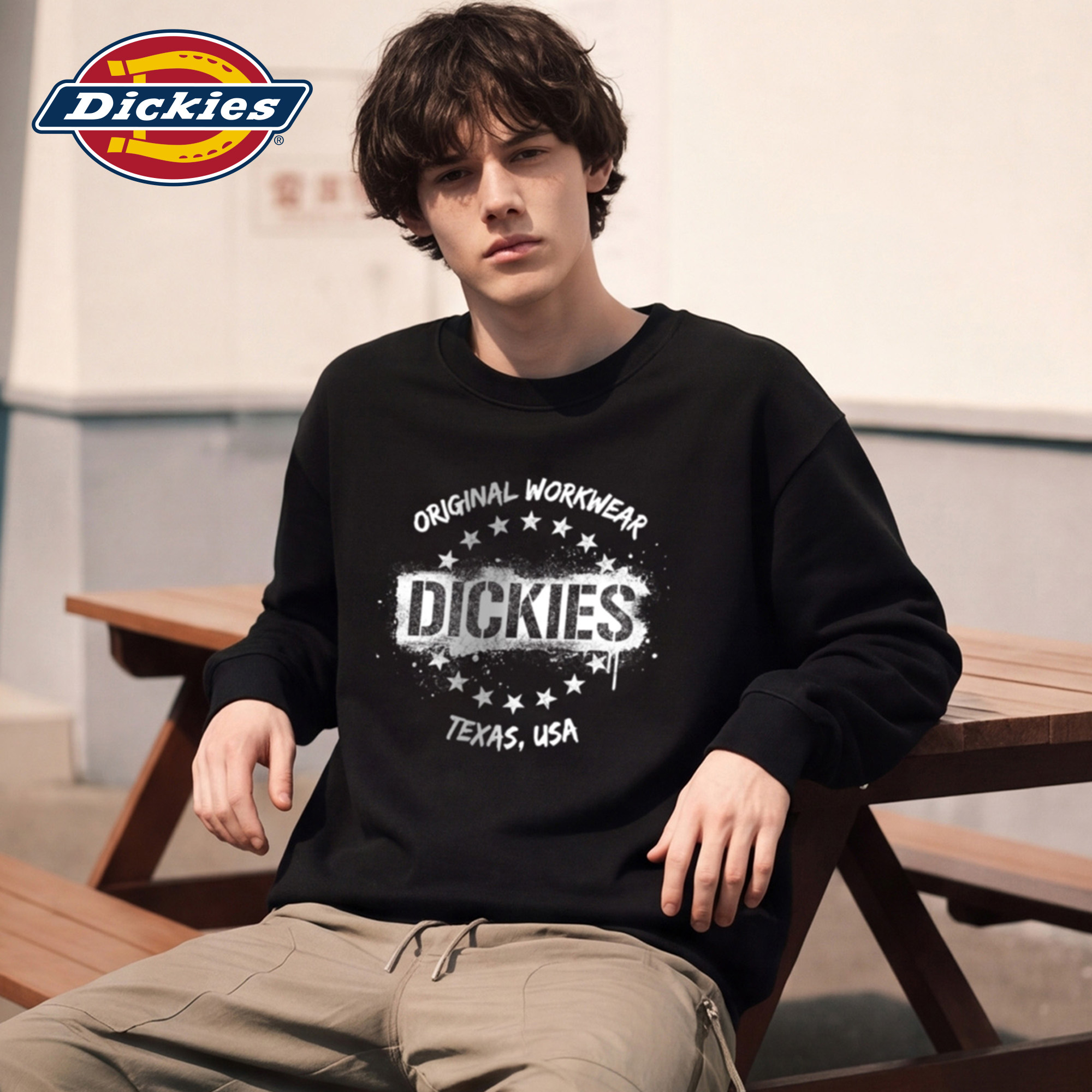 Dickies帝酷适圆领卫衣男秋季美式星星字母印花宽松休闲套头上衣M