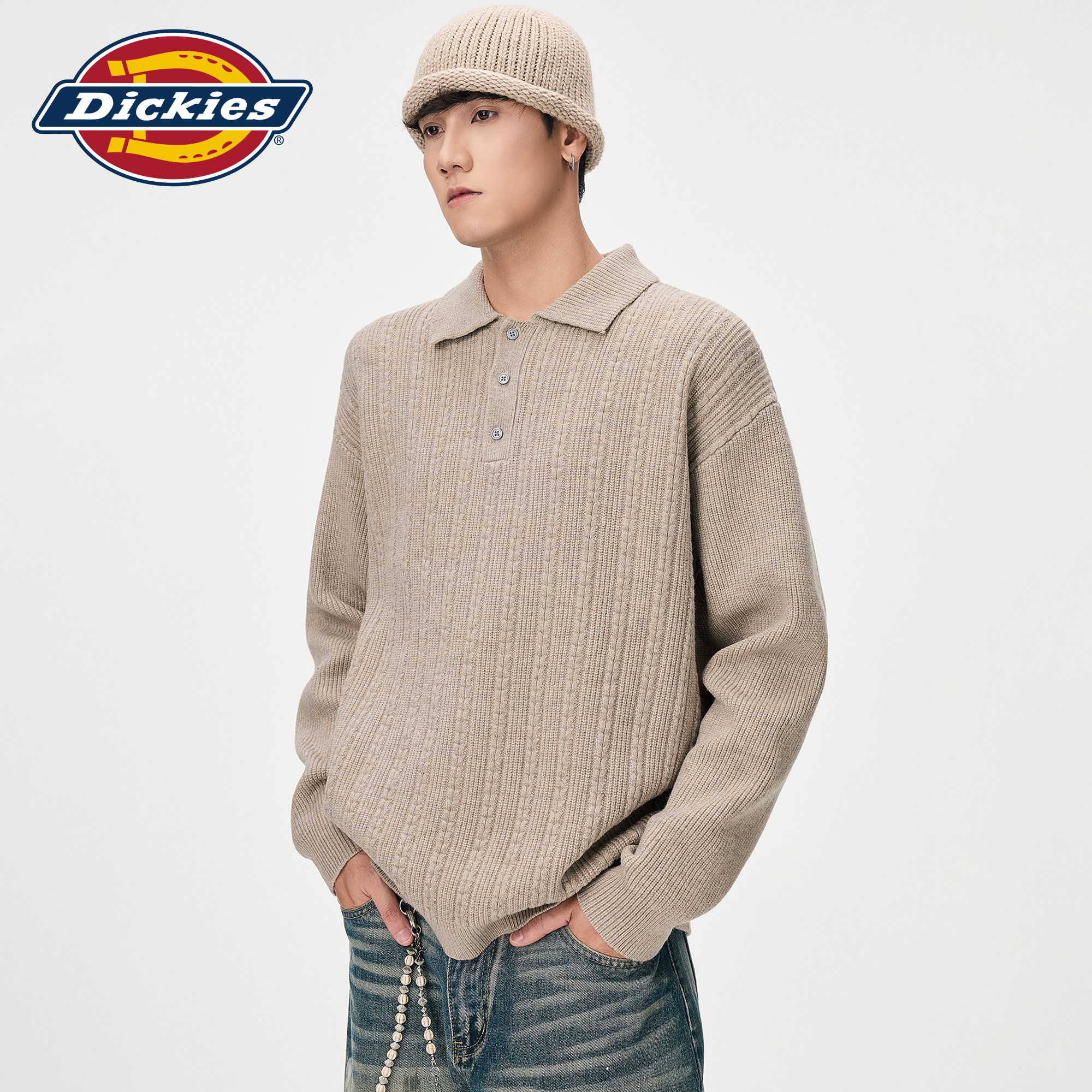 Dickies帝酷适潮流翻领针织衫男生秋季美式宽松Polo翻领保暖毛衣M