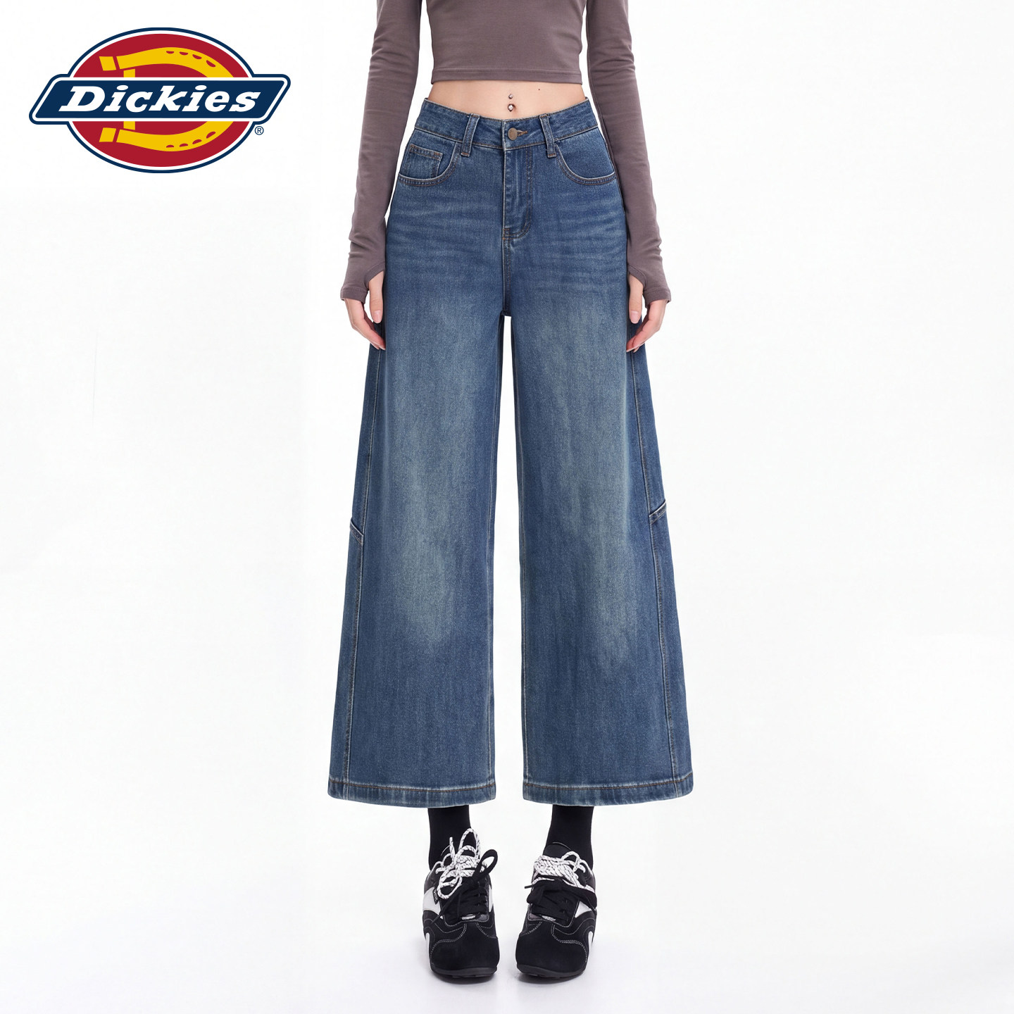 Dickies帝酷适复古高腰阔腿牛仔裤女宽松设计显瘦裤小个子直筒裤m