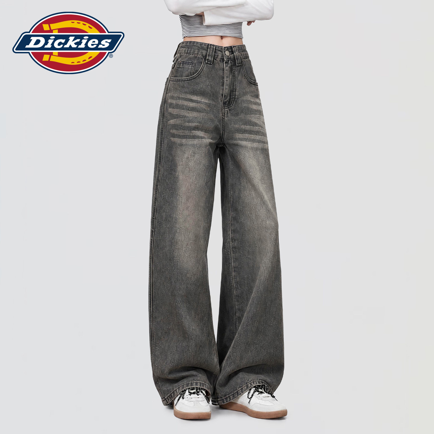 Dickies帝酷适复古石墨灰阔腿牛仔裤女2026秋季宽松显瘦拖地长裤m