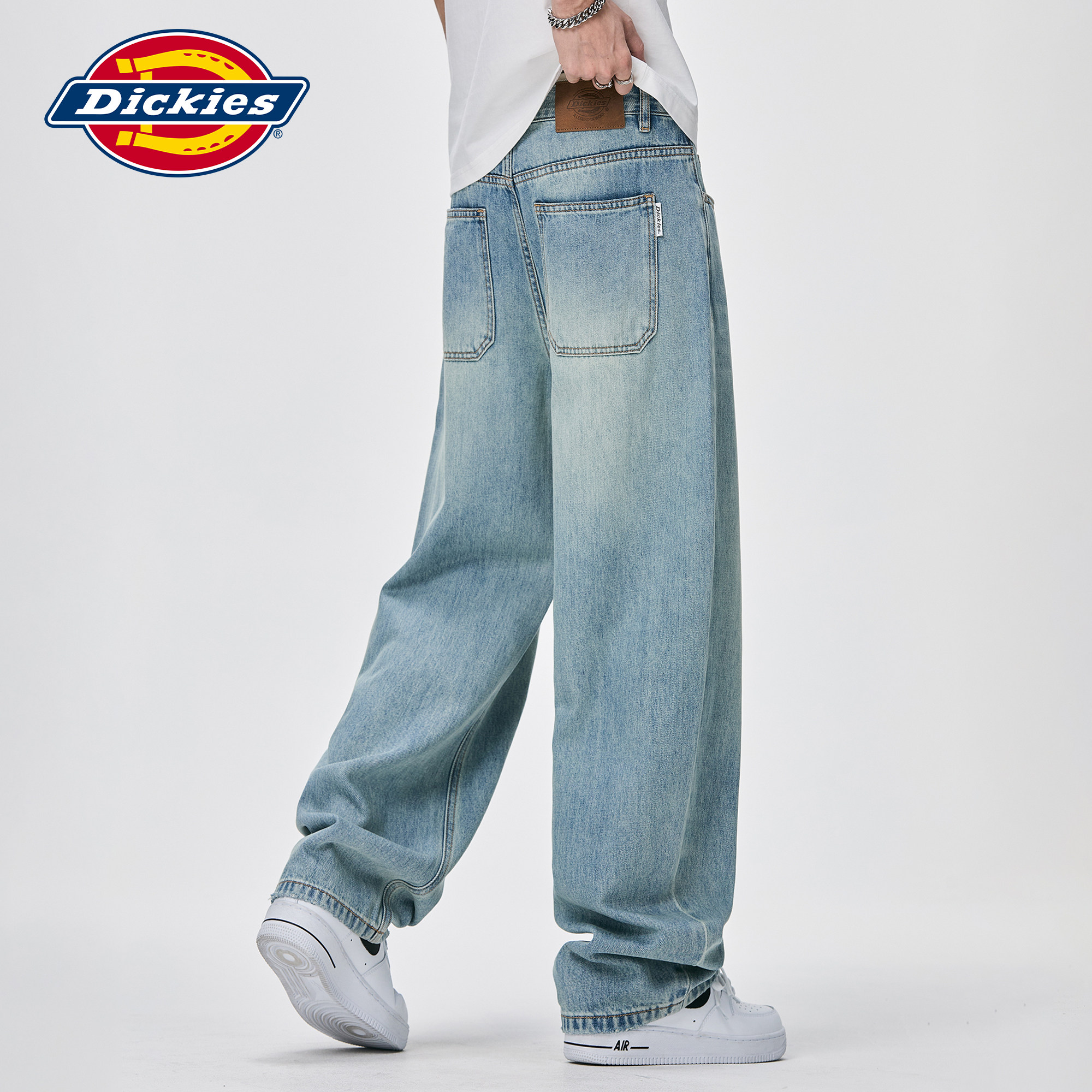 Dickies帝酷适浅蓝色复古牛仔裤男款秋季美式水洗宽松阔腿长裤子M