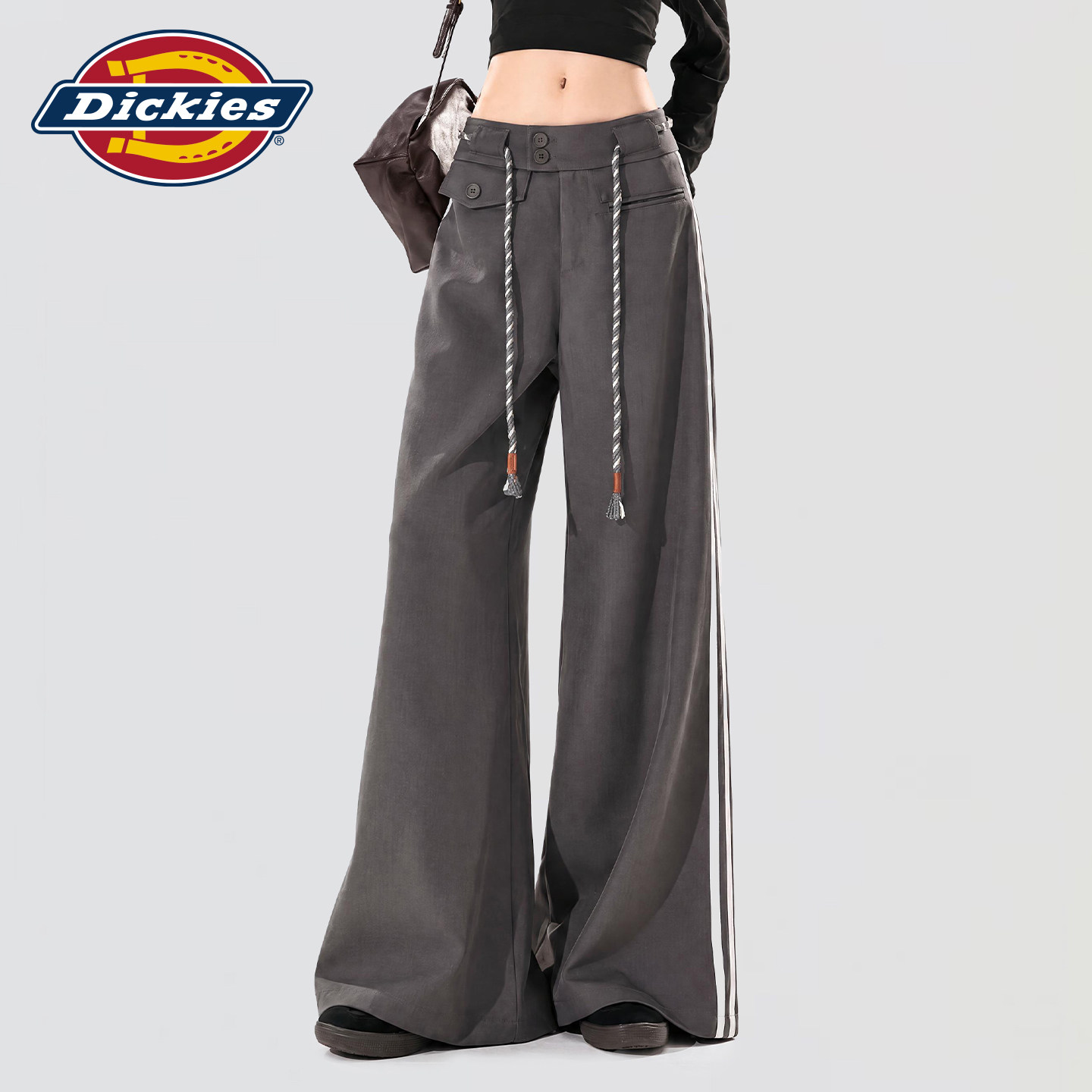 Dickies帝酷适美式风抽绳阔腿裤女灰色高腰宽松显瘦设计垂感长裤m