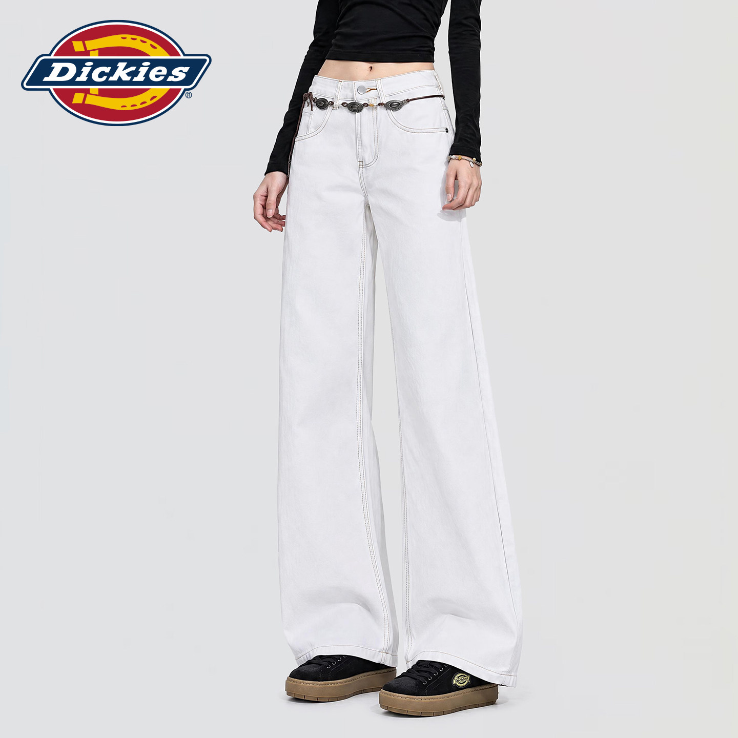 Dickies帝酷适白色高腰阔腿牛仔裤女美式秋季宽松显瘦垂感直筒裤m