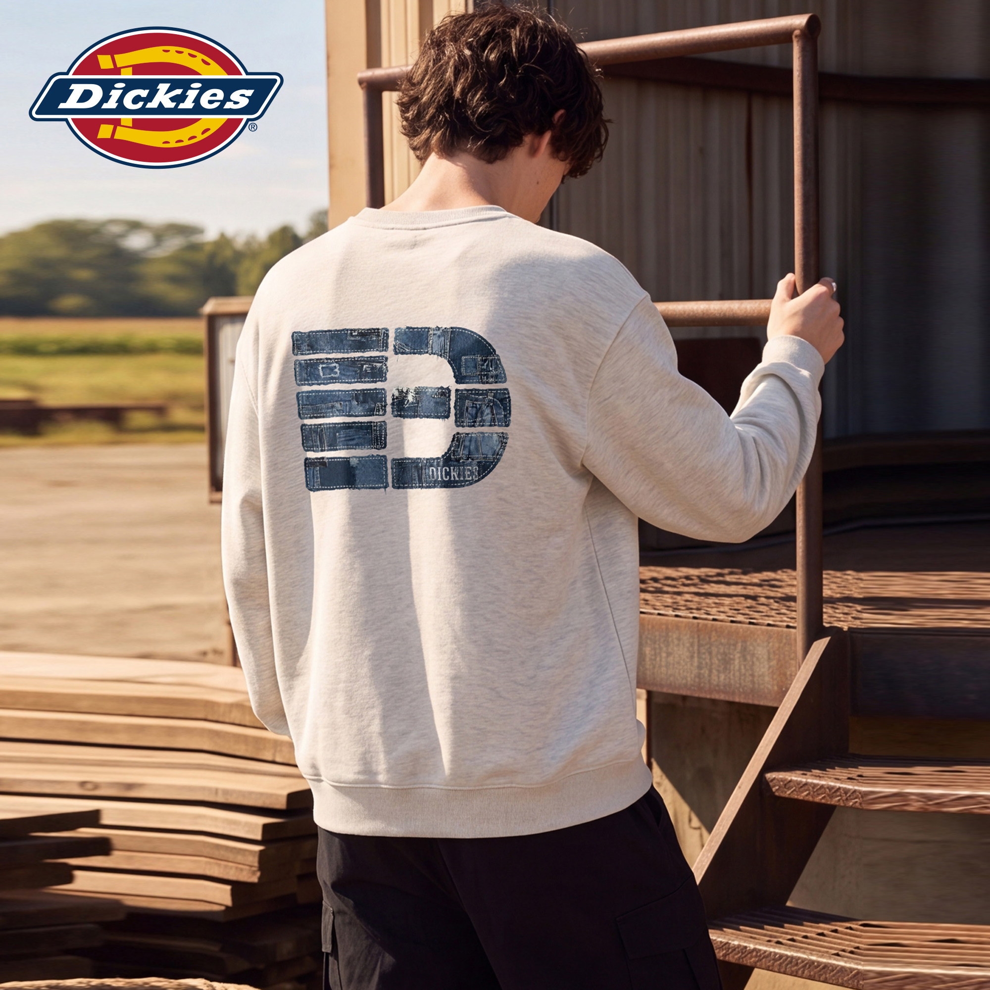 Dickies帝酷适美式圆领卫衣男秋季潮牌后背牛仔字母印花情侣上衣M
