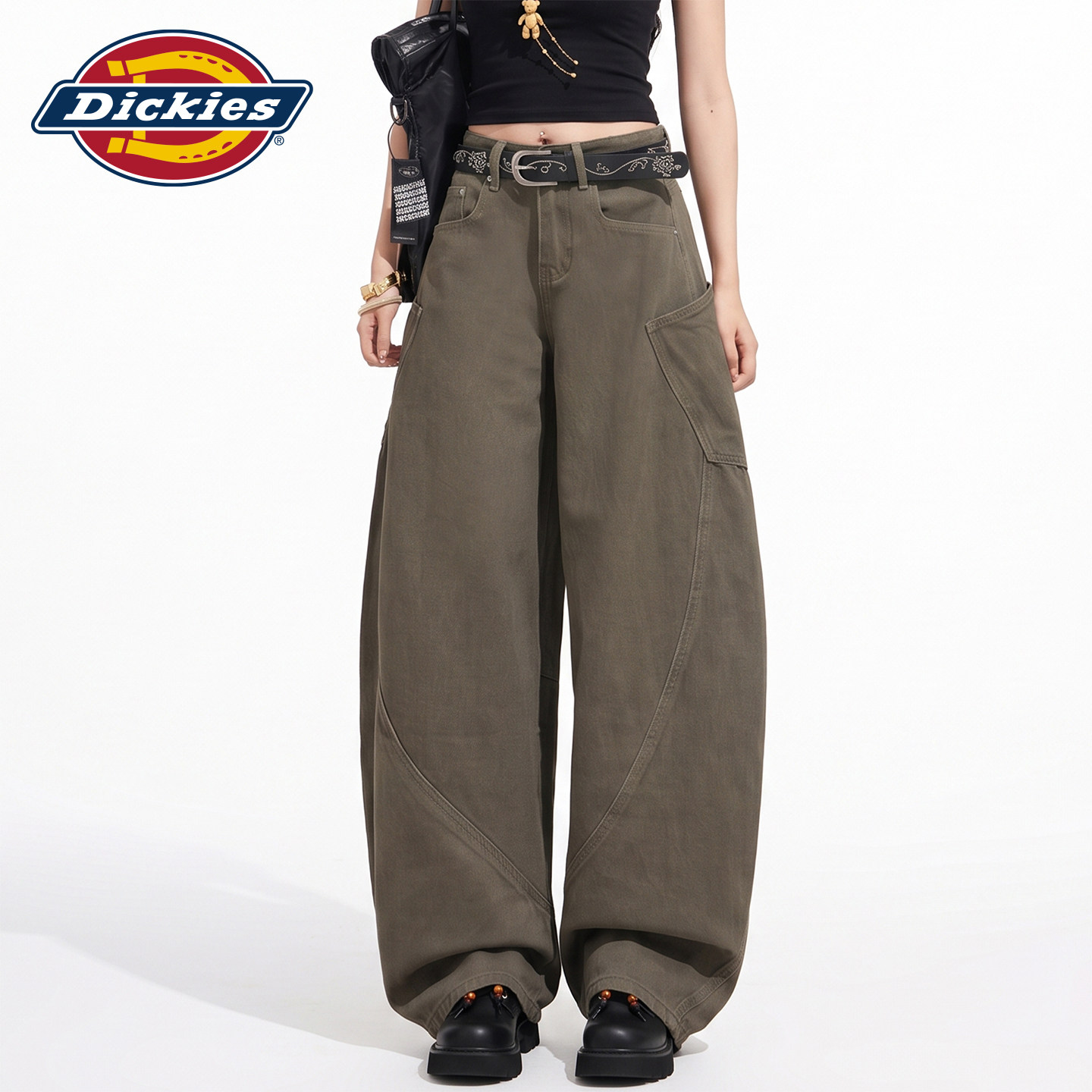 Dickies帝酷适军绿色美式复古弯刀牛仔裤女秋季高腰垂感阔腿裤子Y
