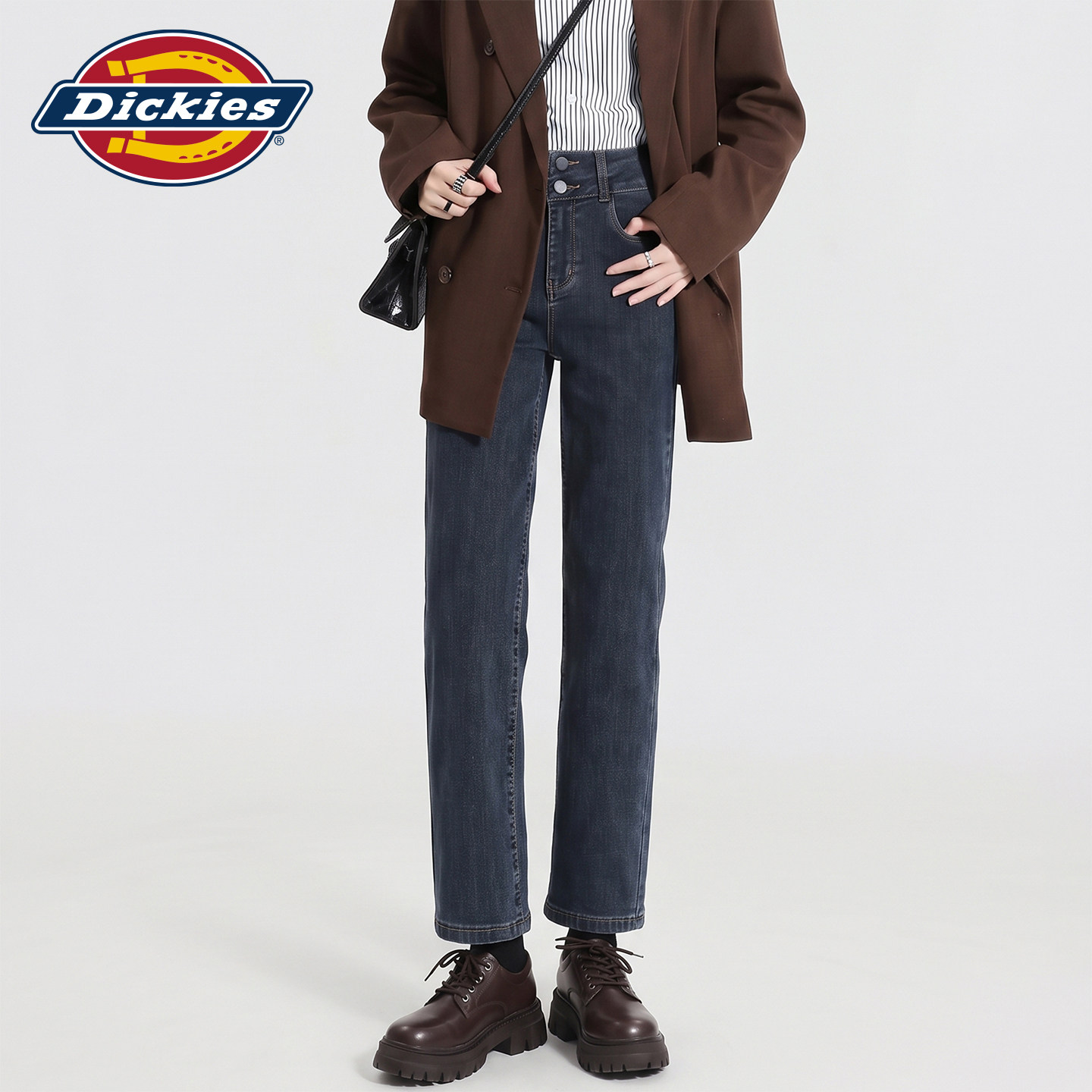 Dickies帝酷适复古直筒牛仔裤女秋冬季加绒高腰显瘦小个子烟管裤Y