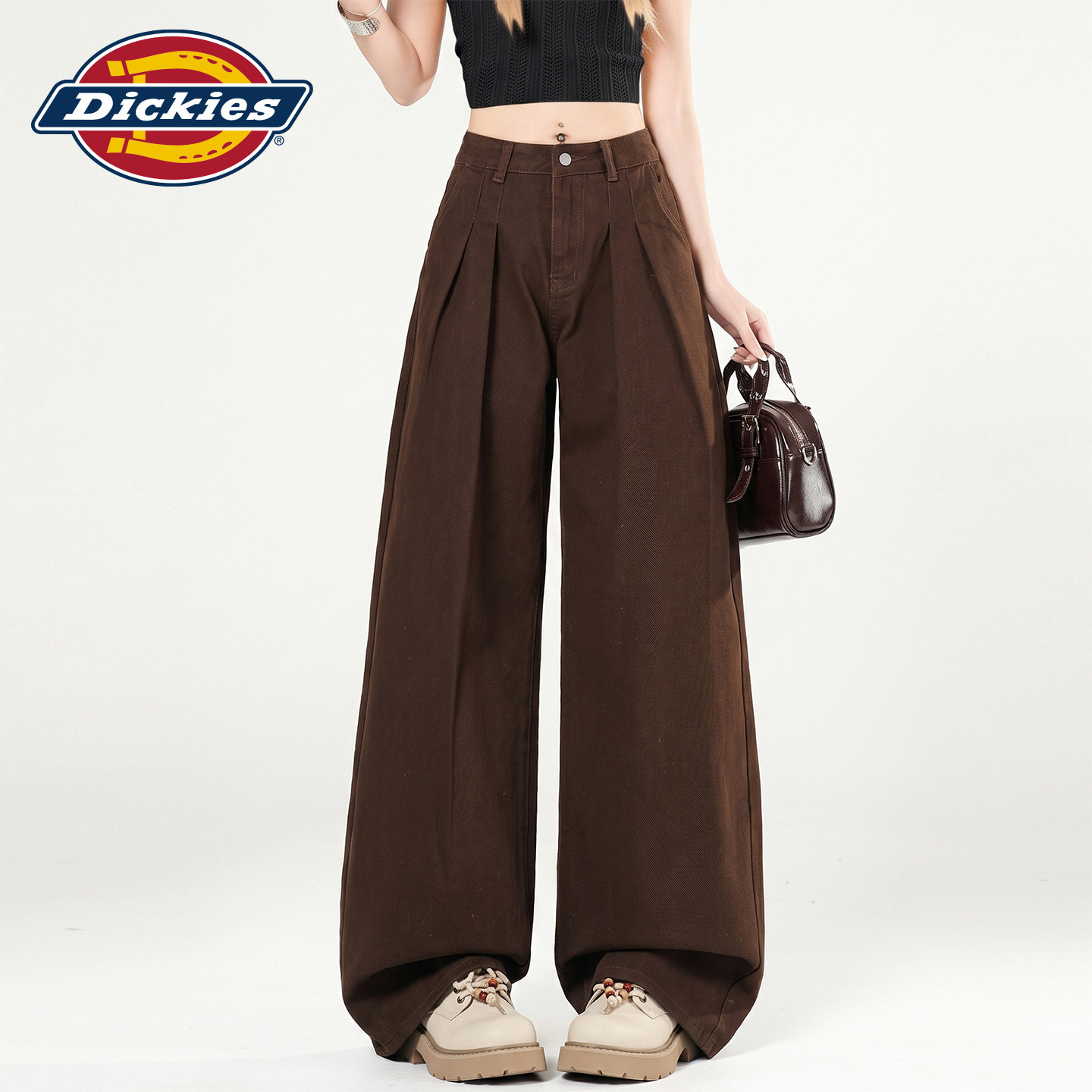 Dickies帝酷适美拉德咖啡色褶皱阔腿牛仔裤女秋季宽松垂感直筒裤Y