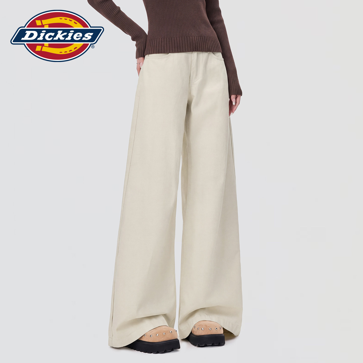 Dickies帝酷适美式风浅杏色阔腿牛仔裤女2026秋季宽松显瘦拖地裤m