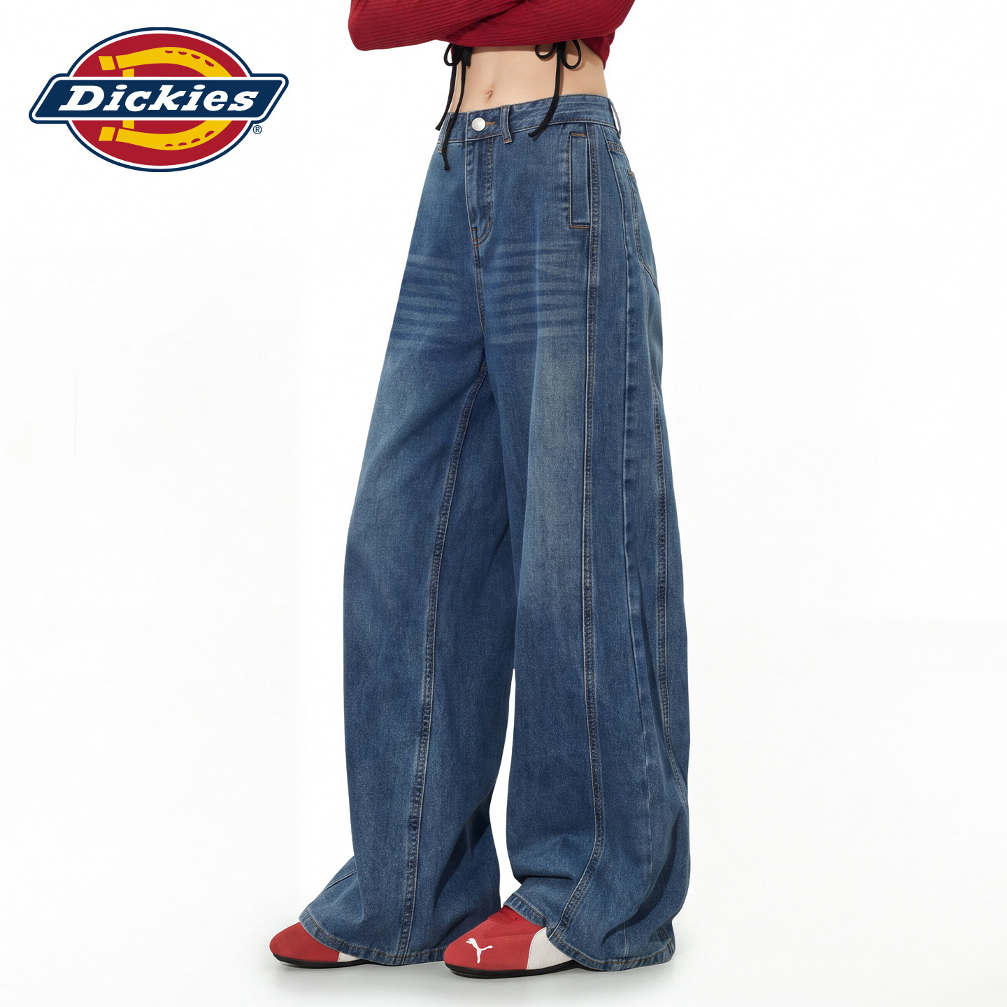 Dickies帝酷适美式复古蓝阔腿牛仔裤女2026秋季宽松显瘦设计长裤m