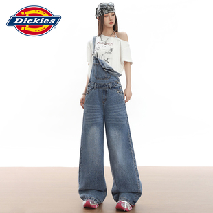 Dickies帝酷适浅蓝色复古水洗背带牛仔裤女士夏季薄款宽松阔腿裤Y