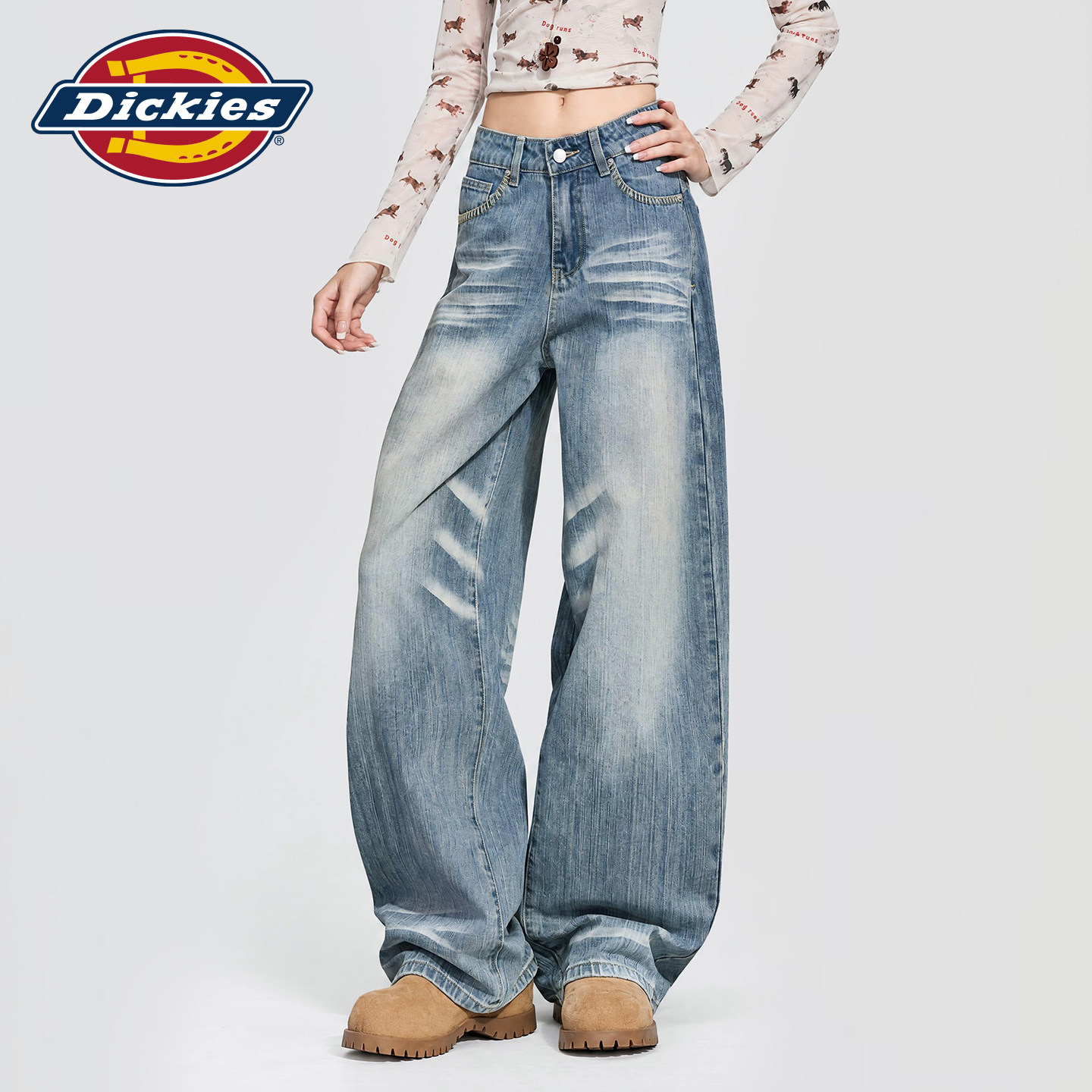 Dickies帝酷适复古水洗蓝阔腿牛仔裤女2026秋季显瘦宽松直筒长裤m