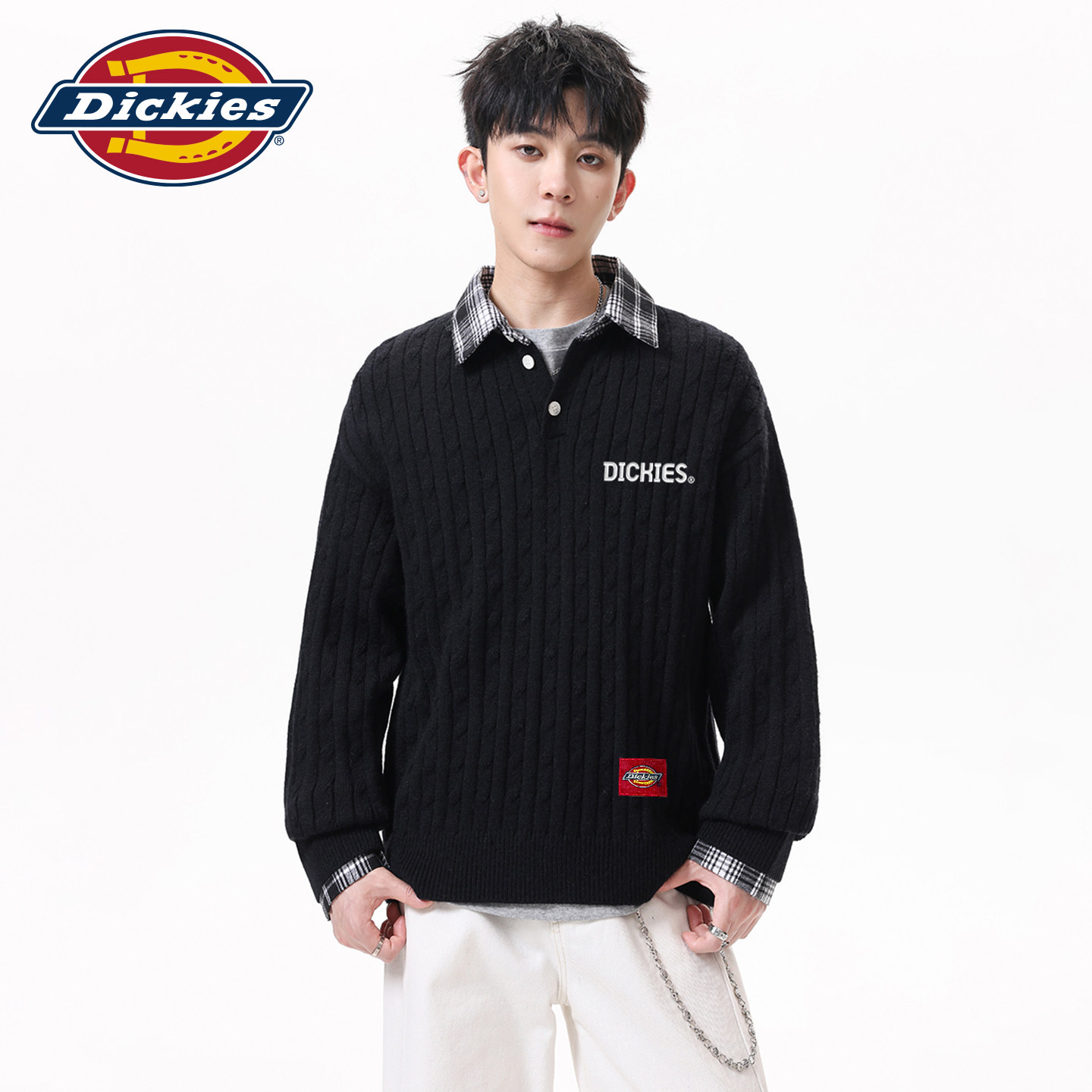 Dickies正品刺绣格子翻领针织开衫外套男潮秋冬季毛衣百搭上衣9J
