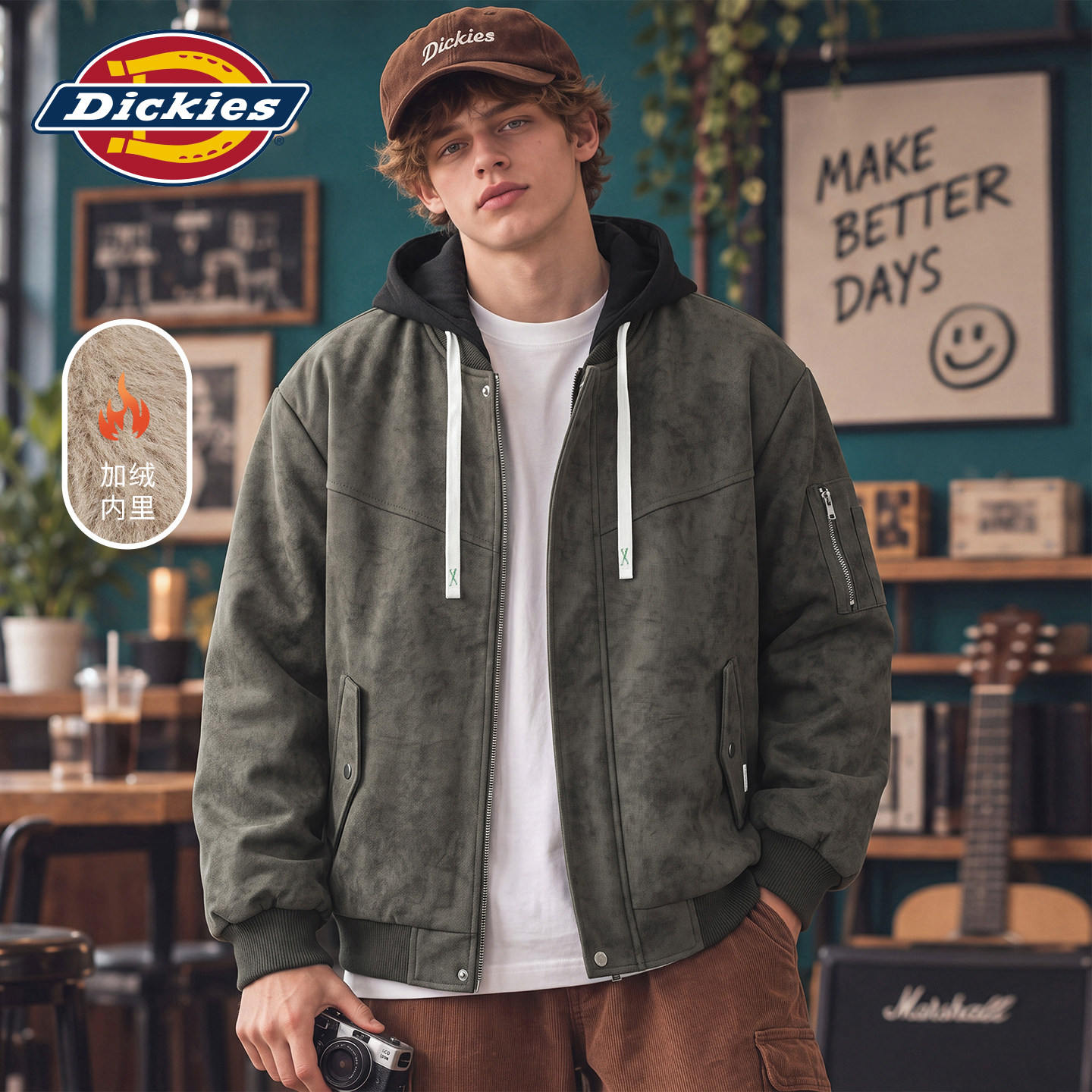 Dickies帝酷适秋冬季加绒加厚防风夹克衫男士解构拼接带帽PU皮衣Y