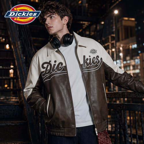 Dickies撞色拼接PU皮衣拉链外套