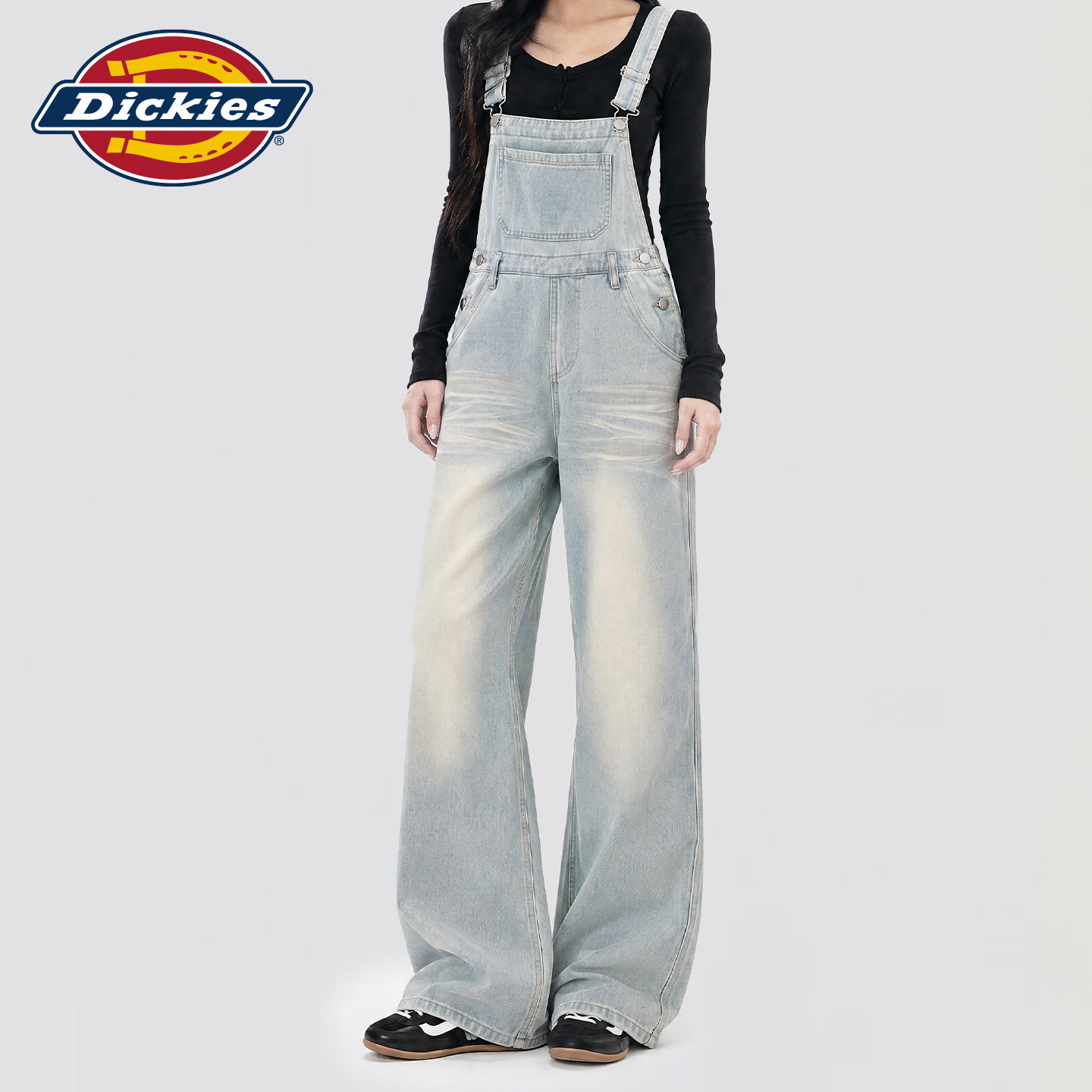 Dickies帝酷适牛仔背带裤女2026秋季浅蓝色水洗阔腿裤宽松显瘦裤m