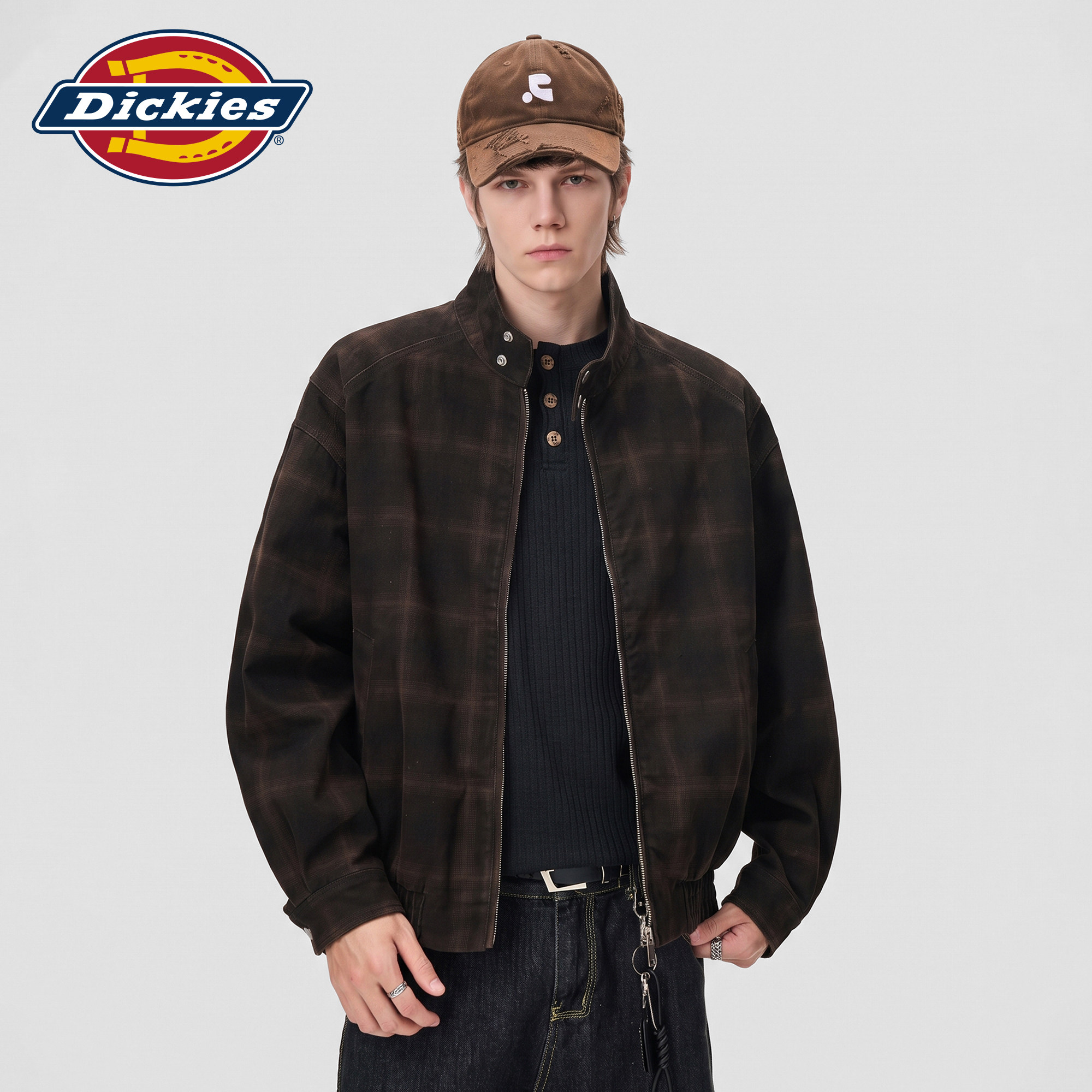 Dickies帝酷适美式格纹立领夹克男秋冬纯棉宽松百搭休闲工装外套M