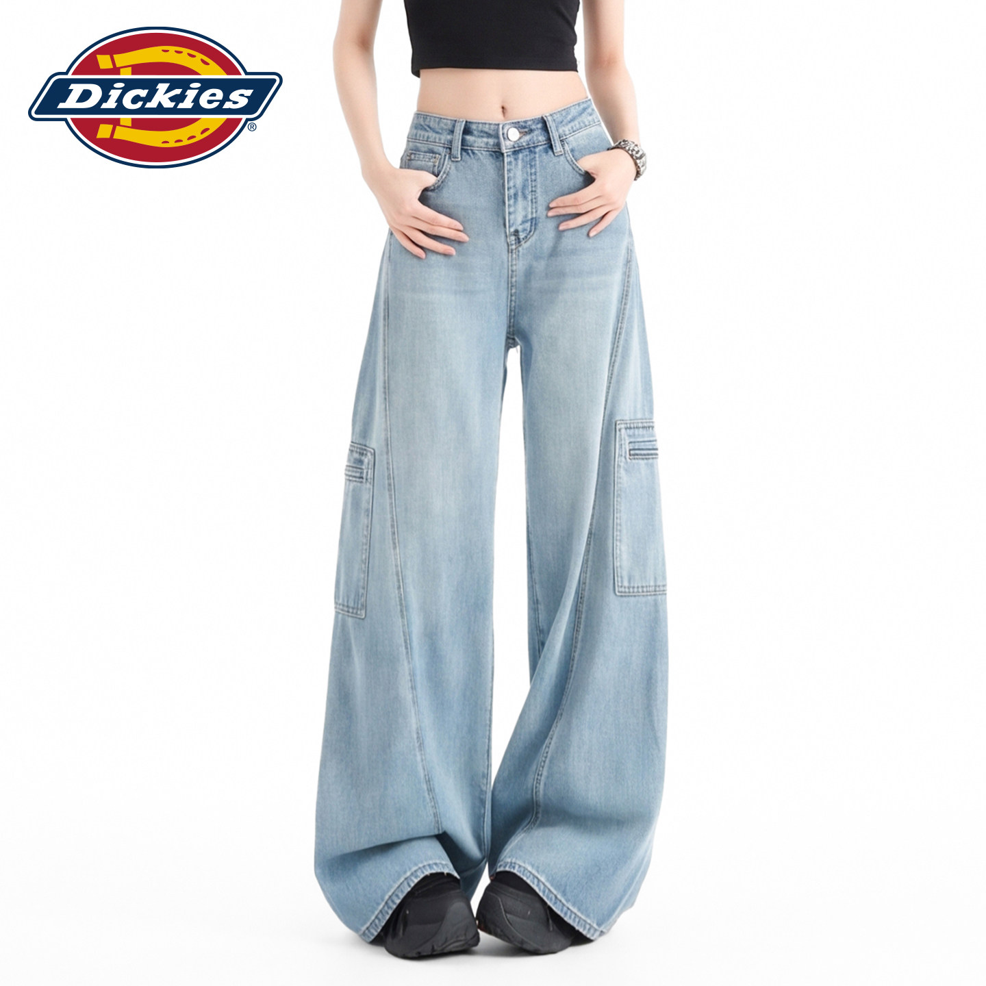 Dickies帝酷适工装多口袋阔腿牛仔裤女高腰宽松显瘦浅蓝色弯刀裤m