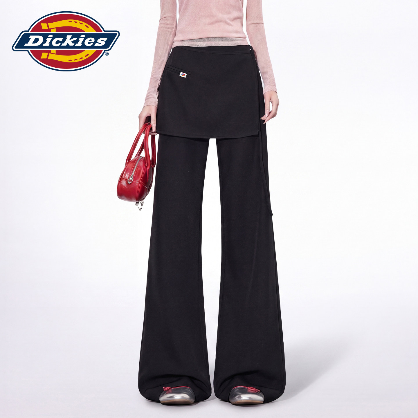 Dickies帝酷适黑色屁帘假两件微喇休闲裤女2026秋通勤垂感喇叭裤m