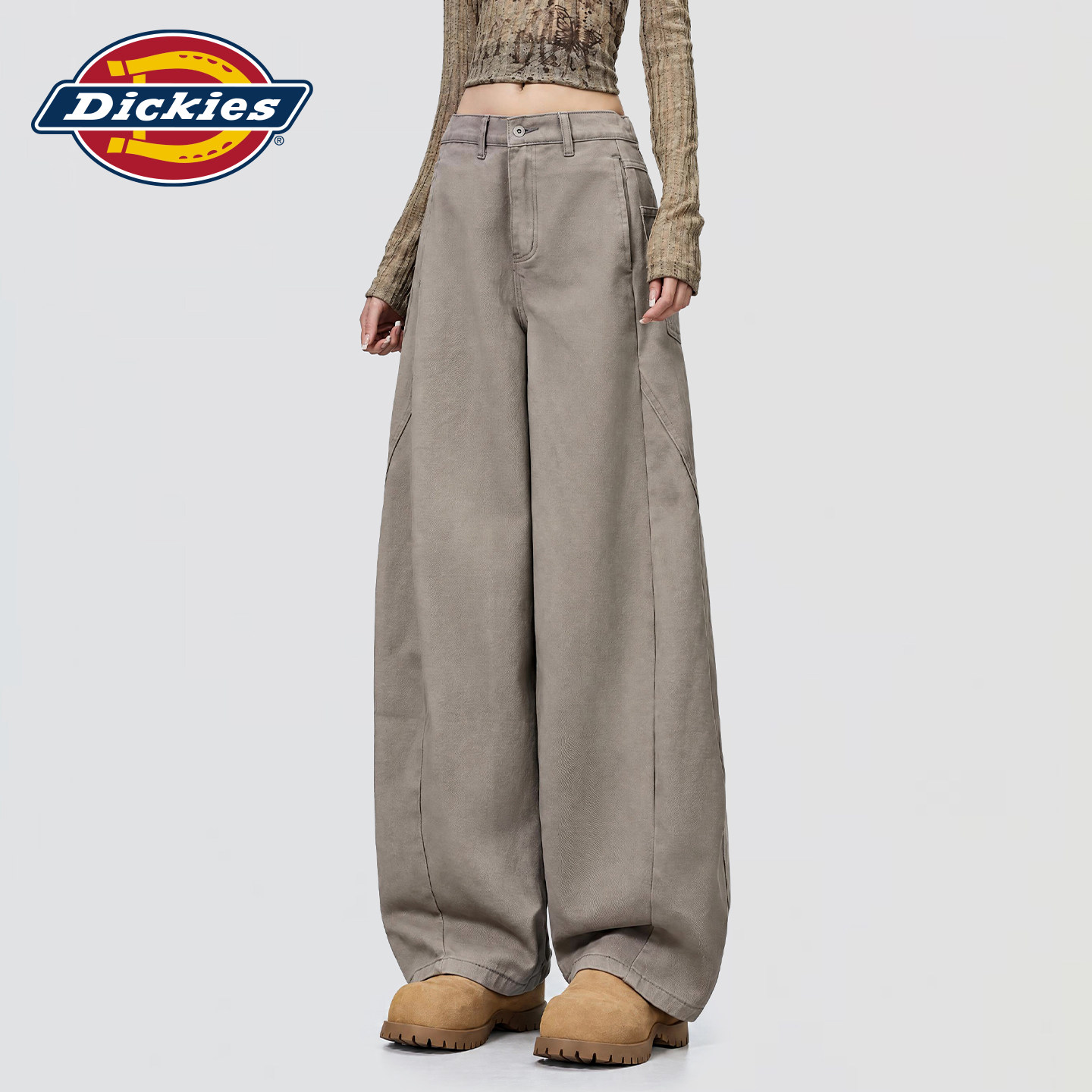 Dickies帝酷适美式复古工装风浅灰色高腰阔腿牛仔裤女宽松显瘦裤m