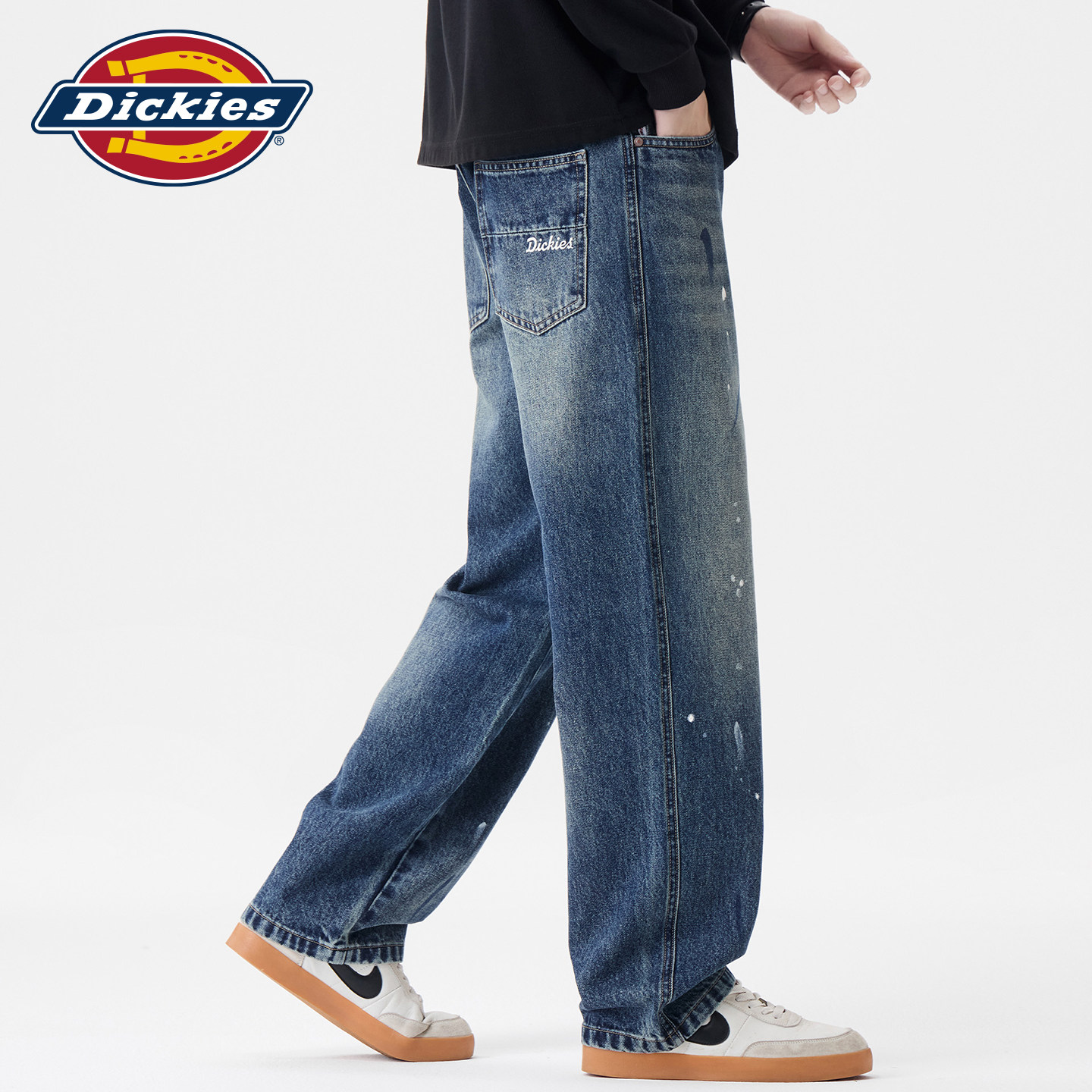 Dickies帝酷适秋季高街百搭涂鸦泼墨男士宽松直筒水洗垂感牛仔裤Y