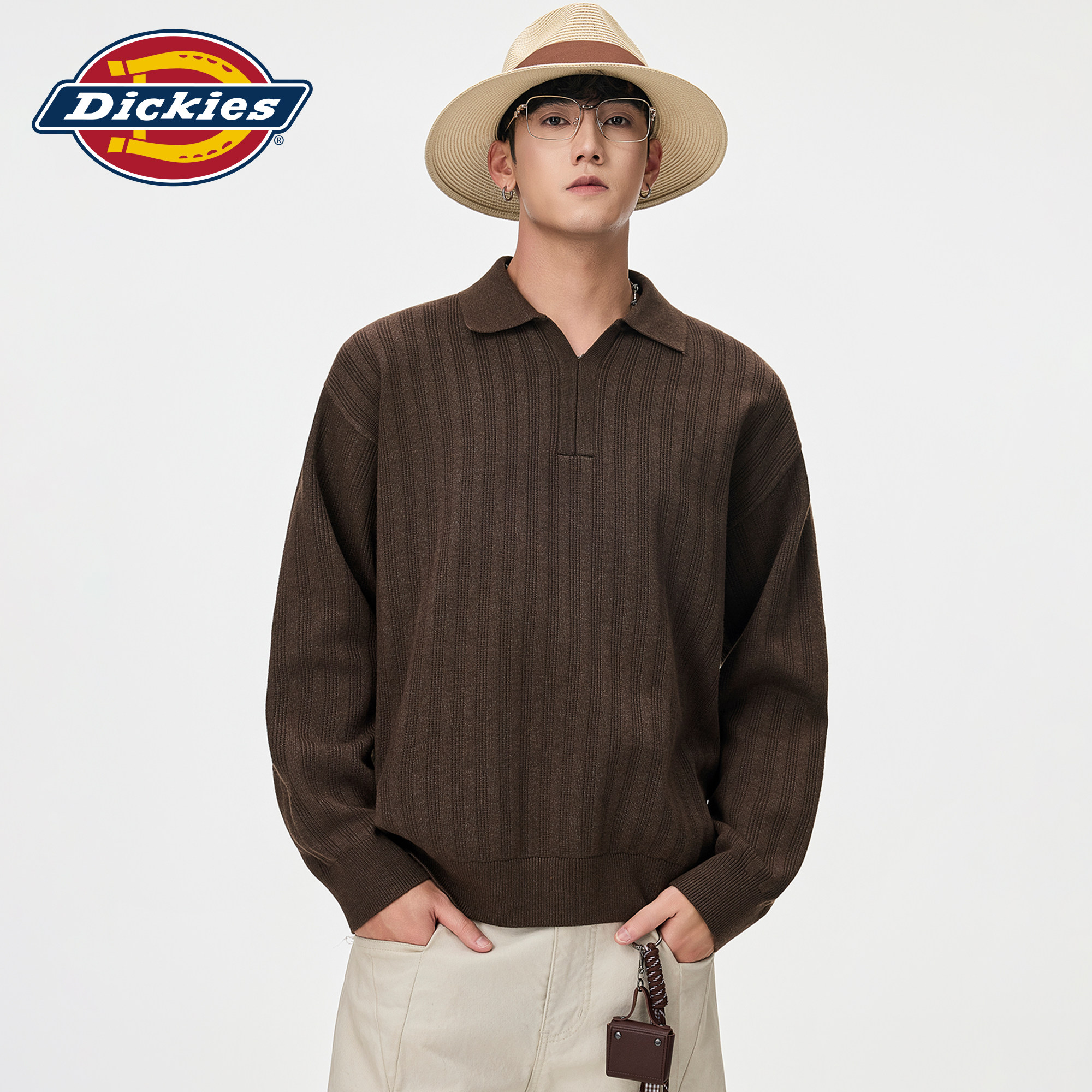 Dickies帝酷适美式肌理感polo翻领针织衫男秋季通勤宽松休闲毛衣M
