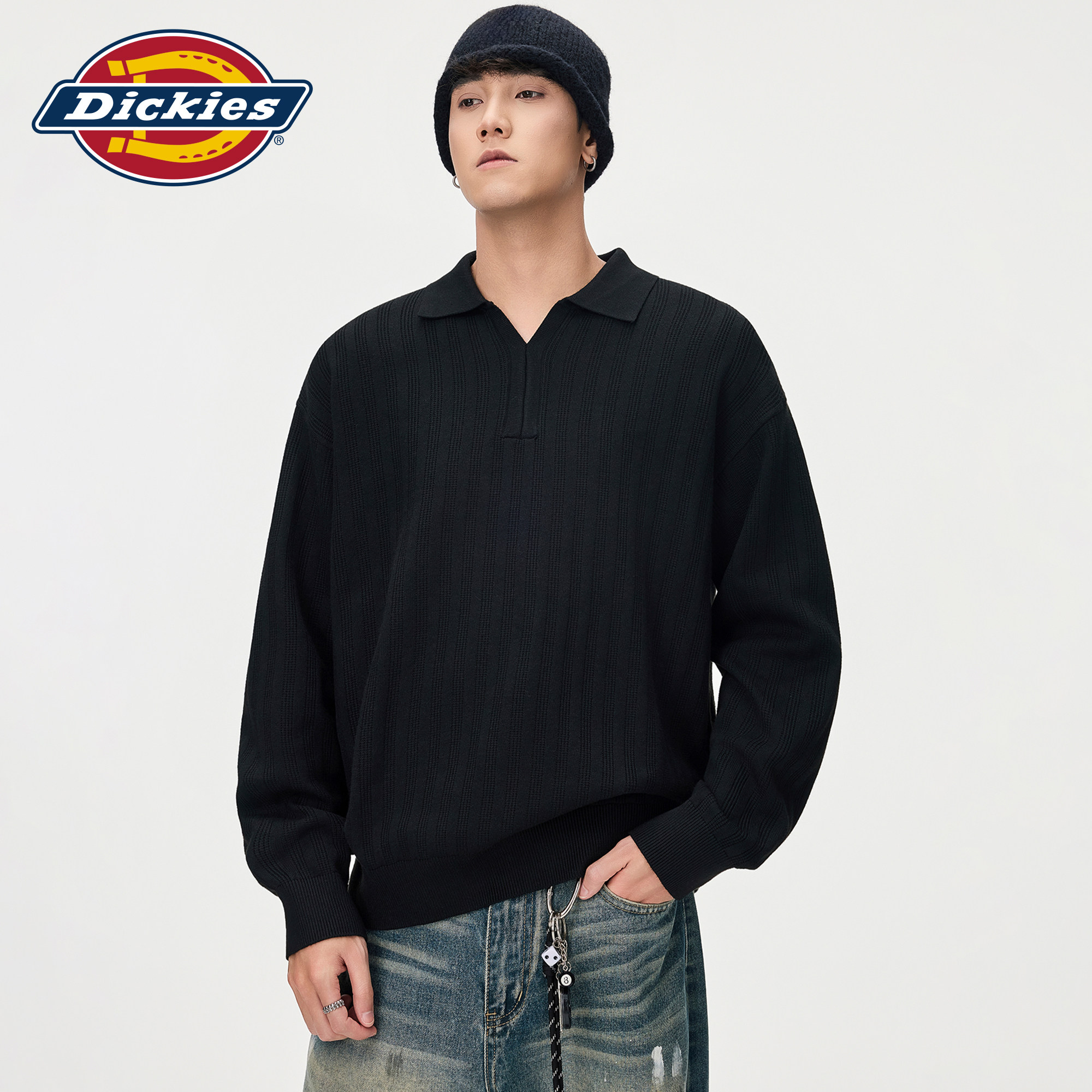 Dickies帝酷适潮牌polo翻领针织衫男秋季美式宽松肌理感套头毛衣M
