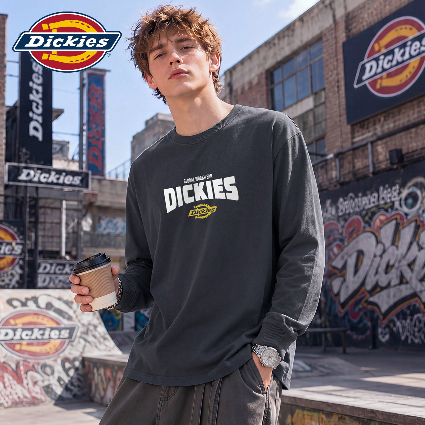 Dickies帝酷适男士秋季圆领长袖T恤美式字母印花宽松上衣打底衫Y