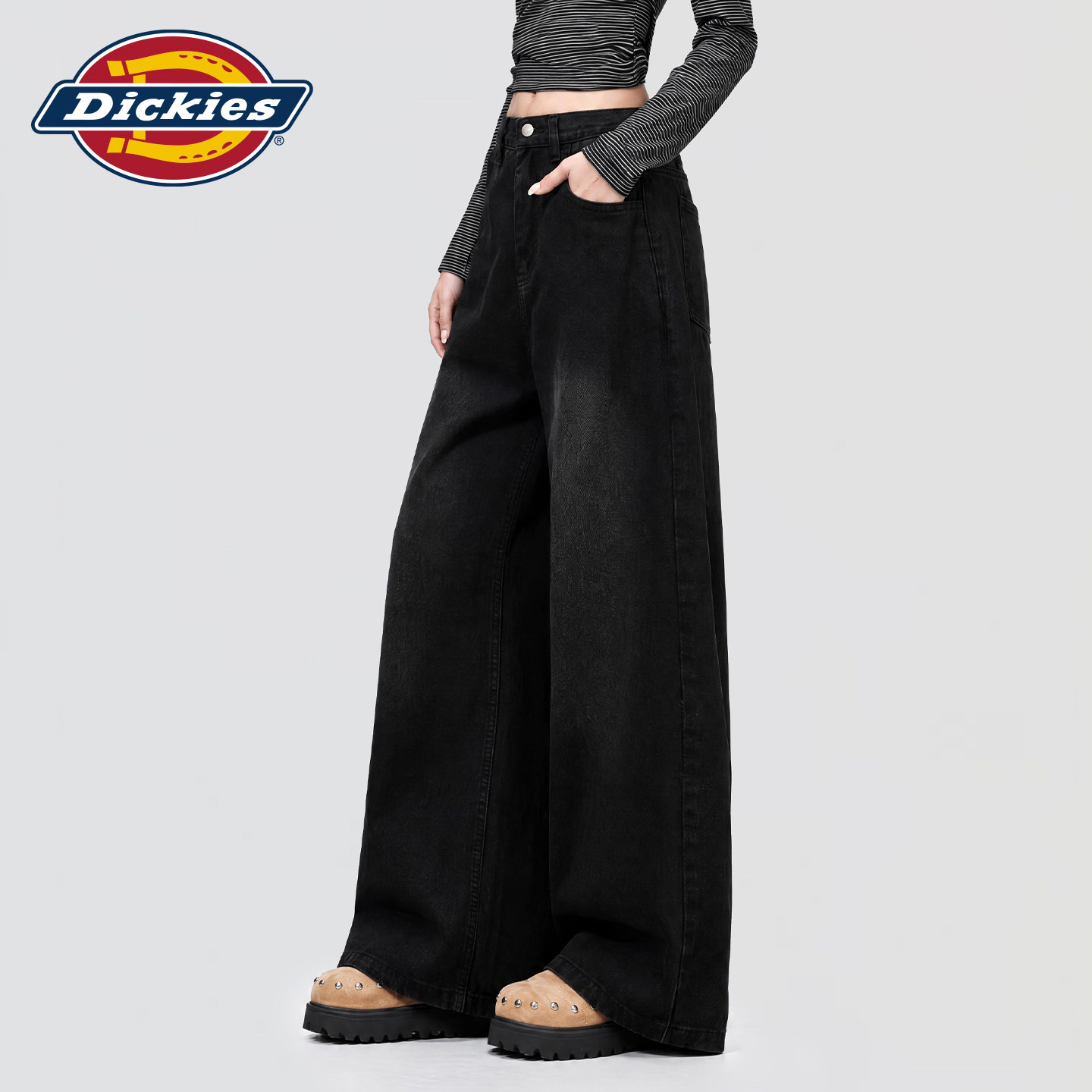 Dickies帝酷适美式复古黑色阔腿牛仔裤女2026秋高腰宽松显瘦长裤m