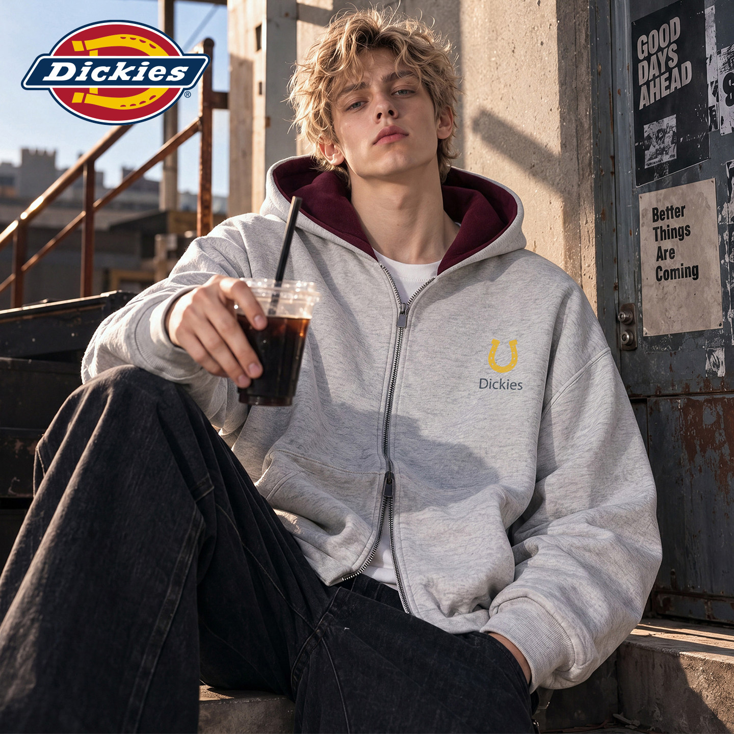 Dickies帝酷适双拉链简约印花开衫外套男士秋季插袋带帽长袖卫衣Y