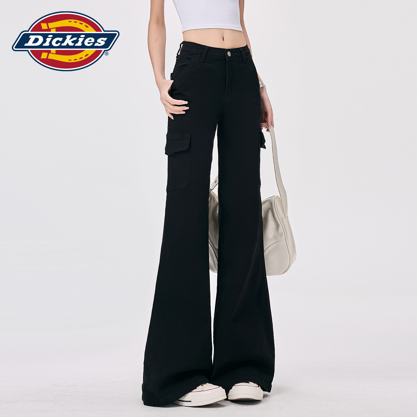Dickies帝酷适黑色工装牛仔裤女夏新款低腰拖地喇叭裤多口袋长裤m