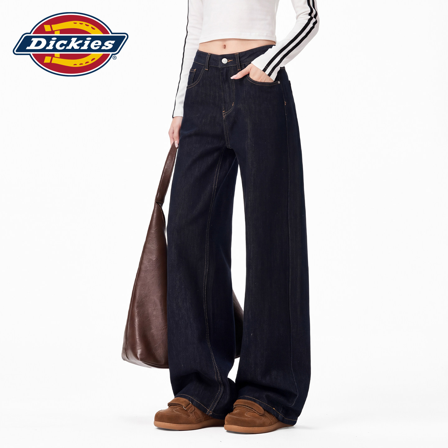 Dickies帝酷适复古深蓝色阔腿牛仔裤款女高腰显瘦宽松直筒拖地裤m