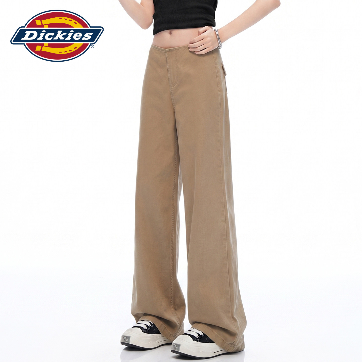 Dickies帝酷适卡其色无腰头阔腿牛仔裤女秋季低腰宽松休闲拖地裤Y