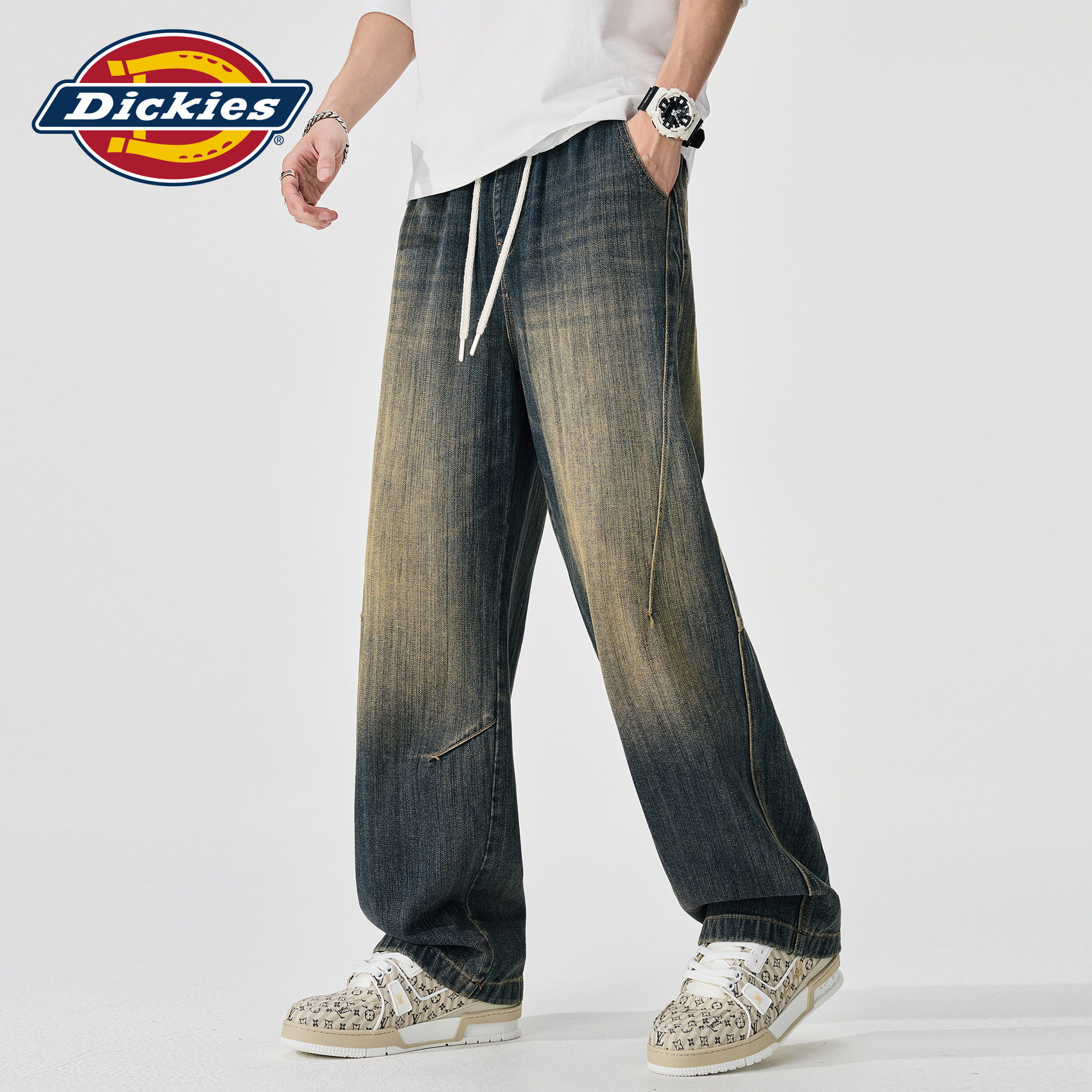 Dickies帝酷适撞色水洗牛仔裤男抽绳宽松阔腿高街做旧休闲长裤子M