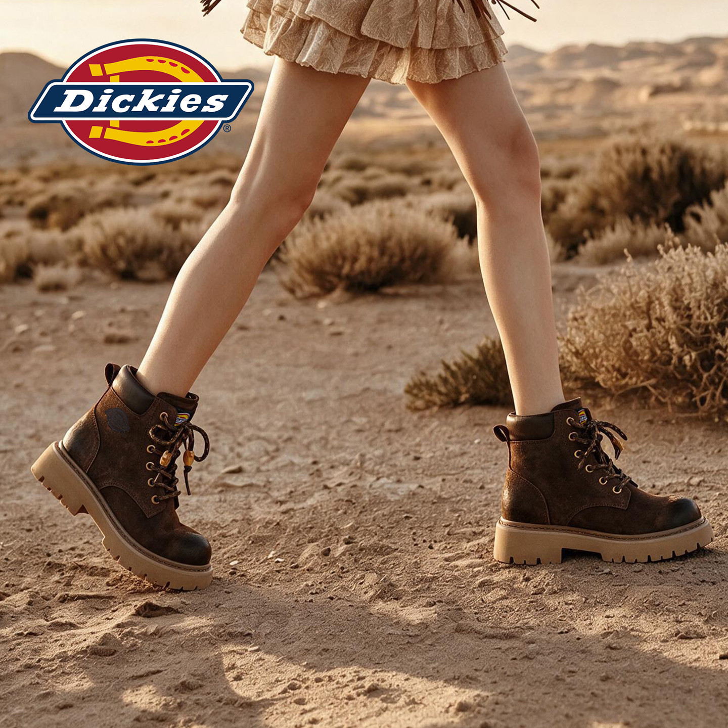 Dickies复古做旧马丁靴女2026秋季新款厚底时装靴系带工装短靴ZX