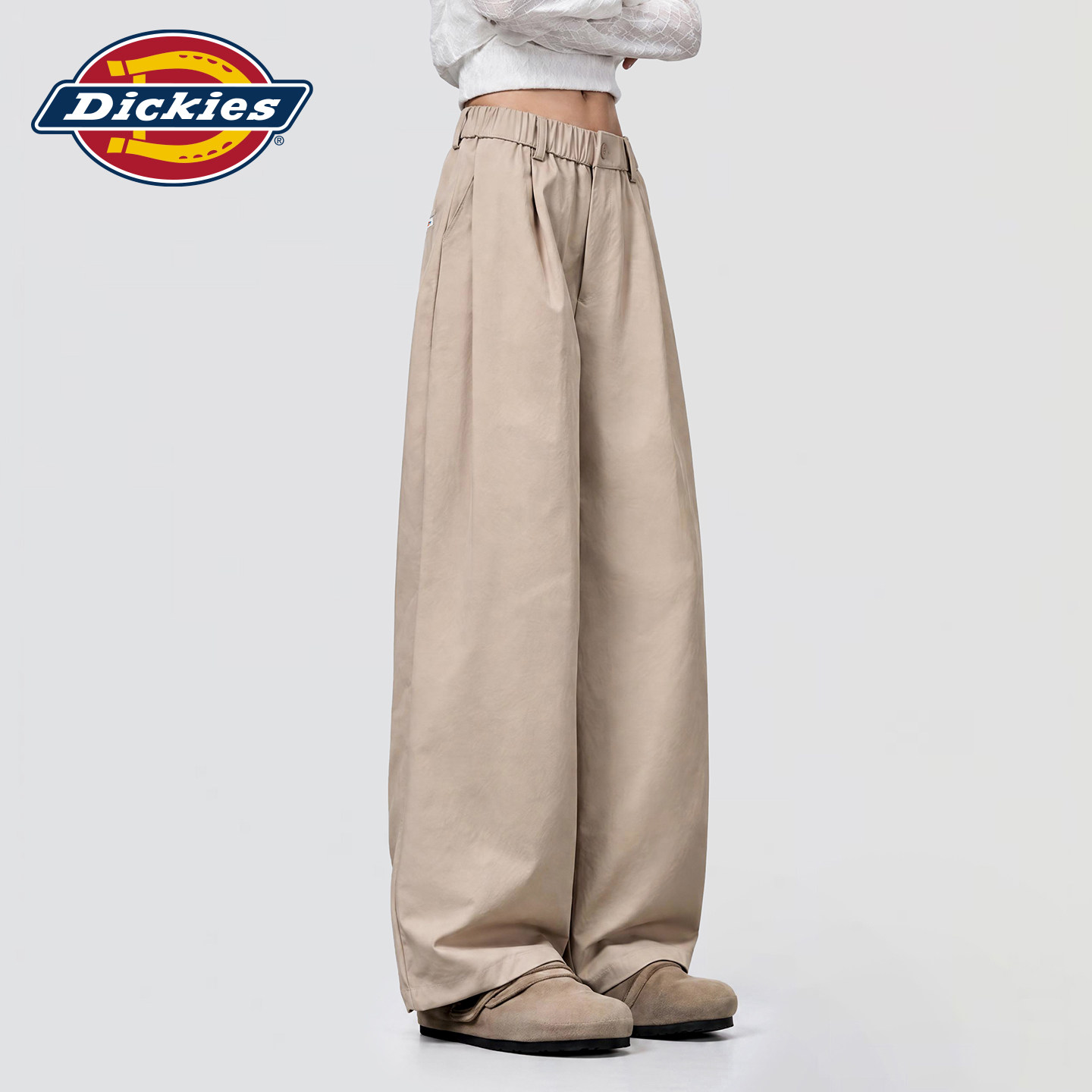 Dickies帝酷适美式极简风高腰阔腿裤女卡其色宽松显瘦设计垂感裤m
