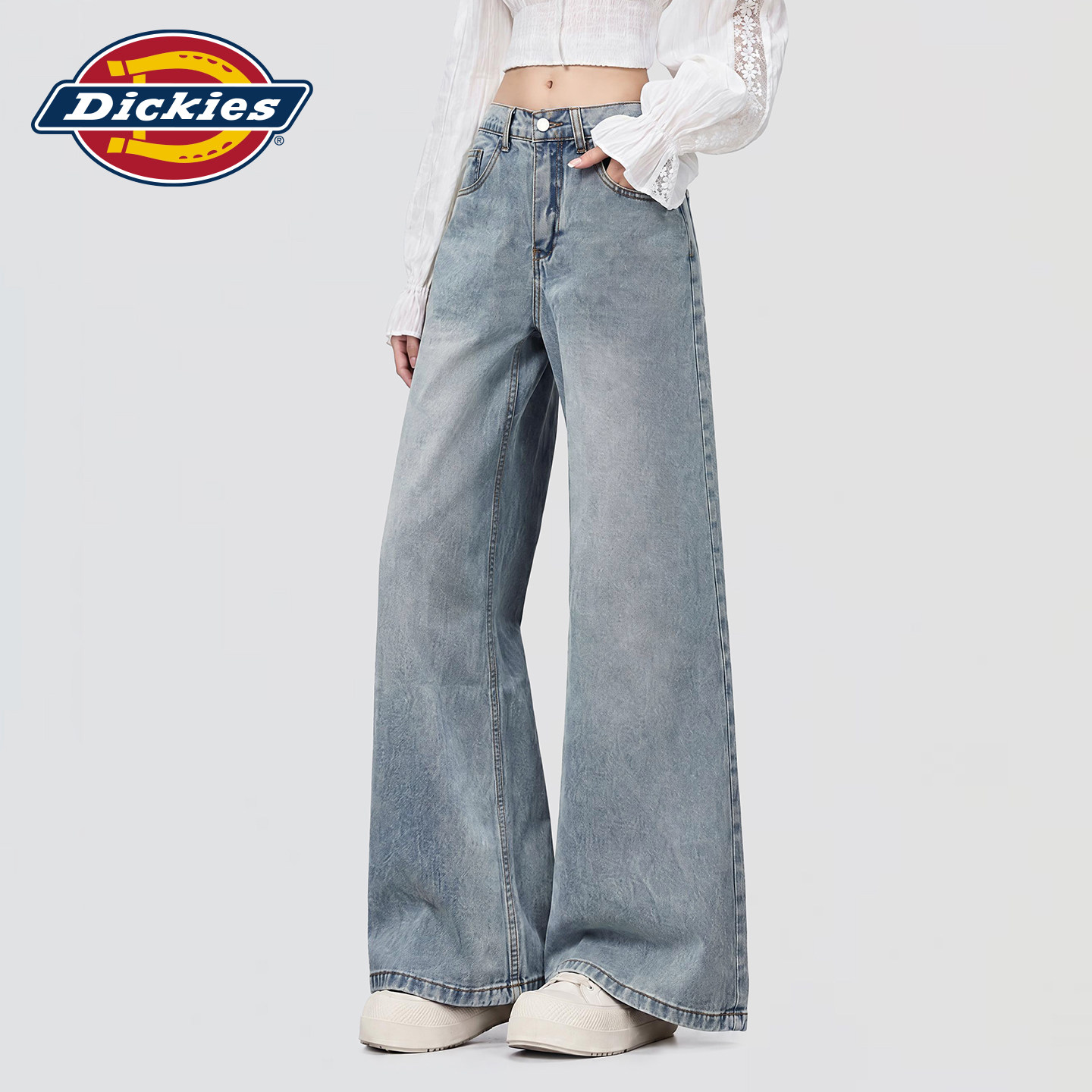 Dickies帝酷适复古水洗蓝阔腿牛仔裤女宽松显瘦垂感百搭直筒长裤m