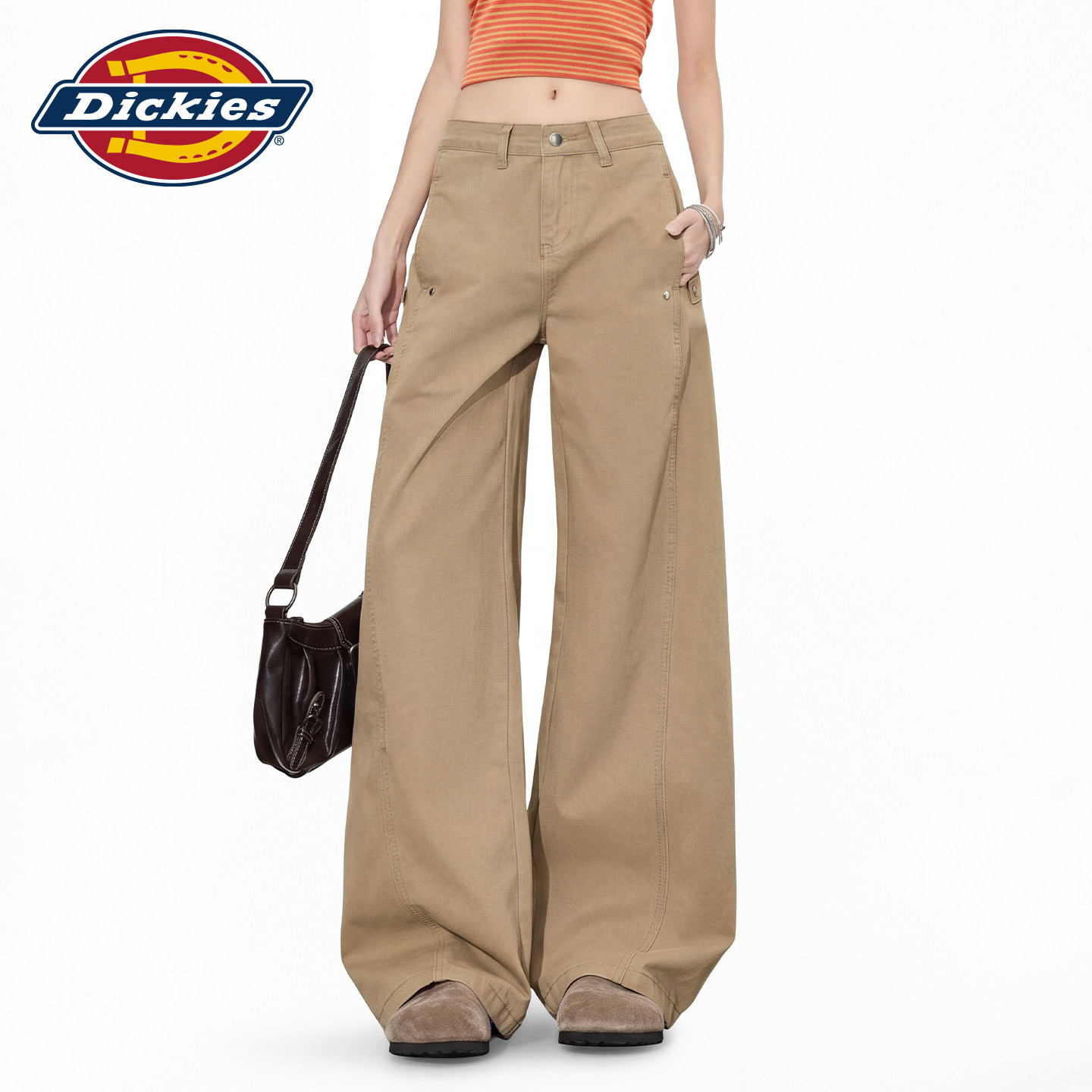 Dickies帝酷适美式卡其色阔腿牛仔裤女2026秋宽松显瘦垂感弯刀裤m