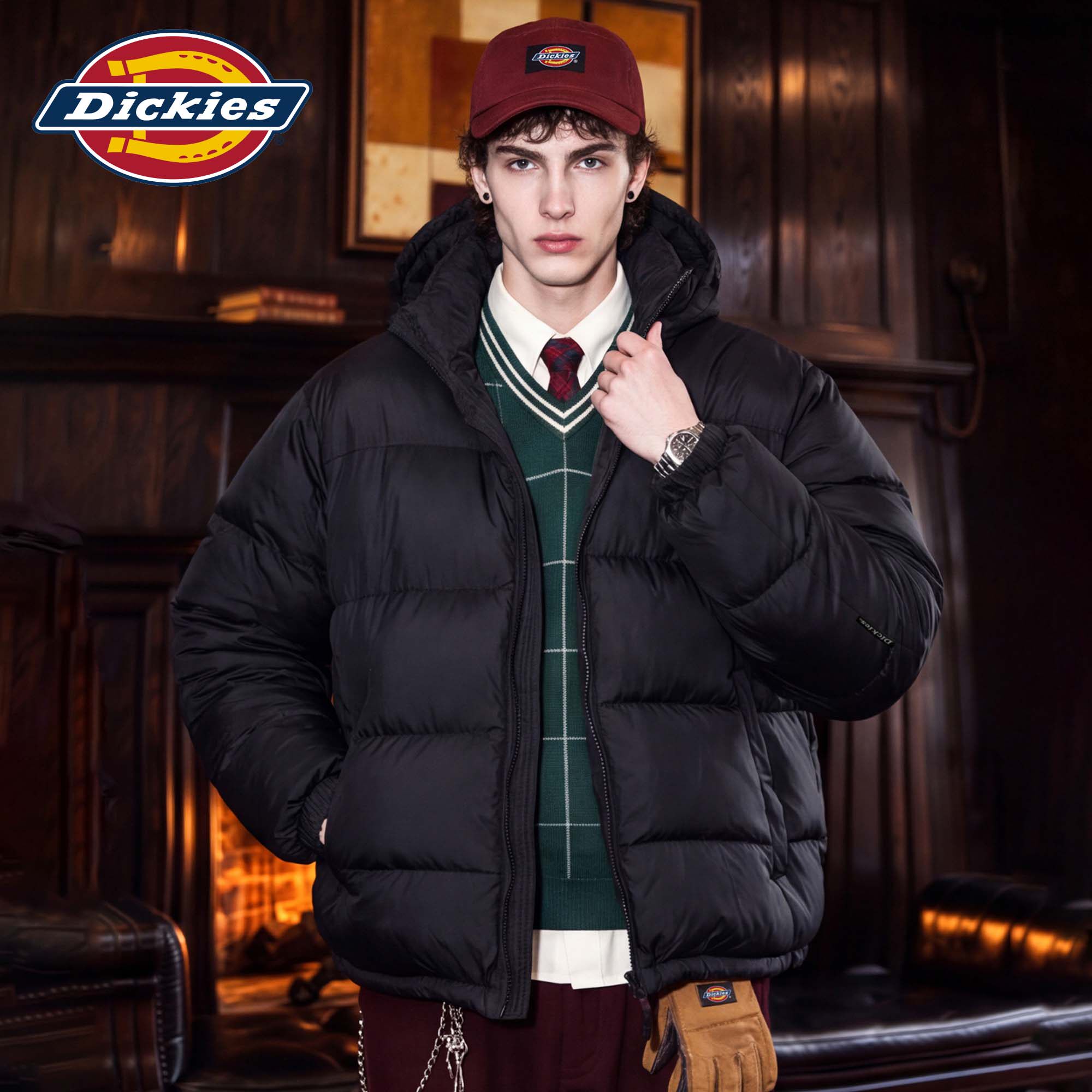 Dickies帝酷适连帽黑色羽绒服男冬季新款90绒加厚保暖面包服外套M