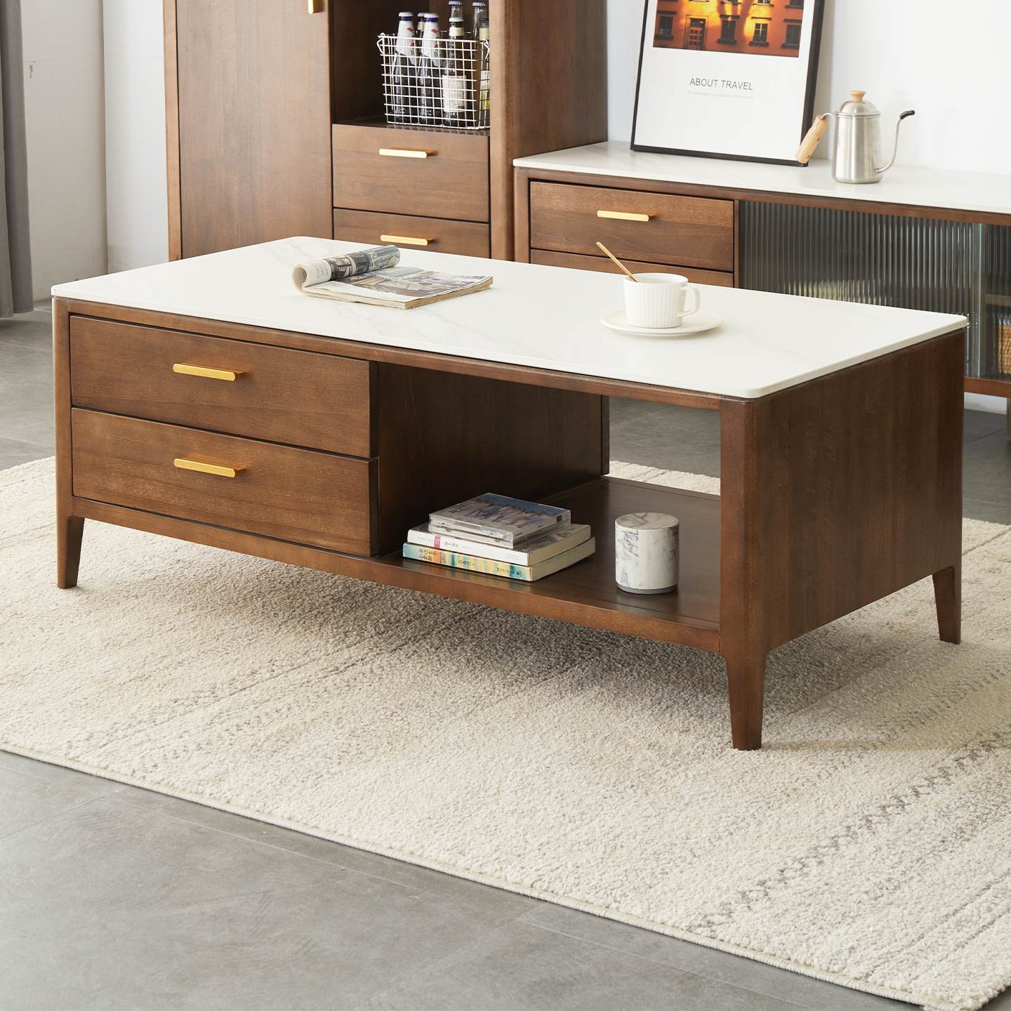 北美橡木茶几1.2米全实木茶几1.4米岩板茶几储物茶几北欧简约原木