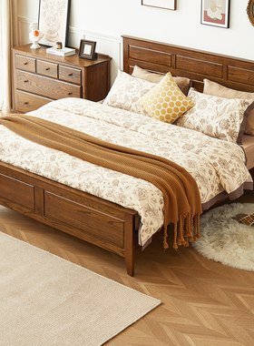 优木家具全实木床1.5米双人床1.8米北美橡木床卧室床美式胡桃色