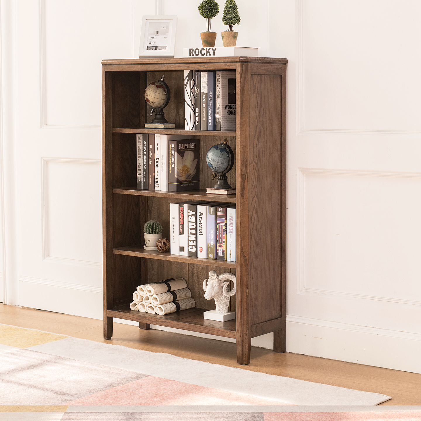 北美橡木书架书柜全实木书柜四层书架书橱书房架子北欧简约胡桃色