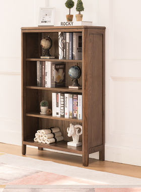 北美橡木书架书柜全实木书柜四层书架书橱书房架子北欧简约胡桃色