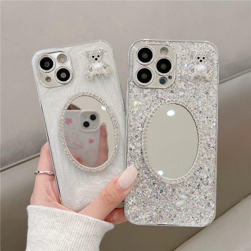 滴胶亮片iphone17/15promax镜子手机壳小熊适用苹果16promax水泥白保护壳13/14闪粉软壳水墨纹高级