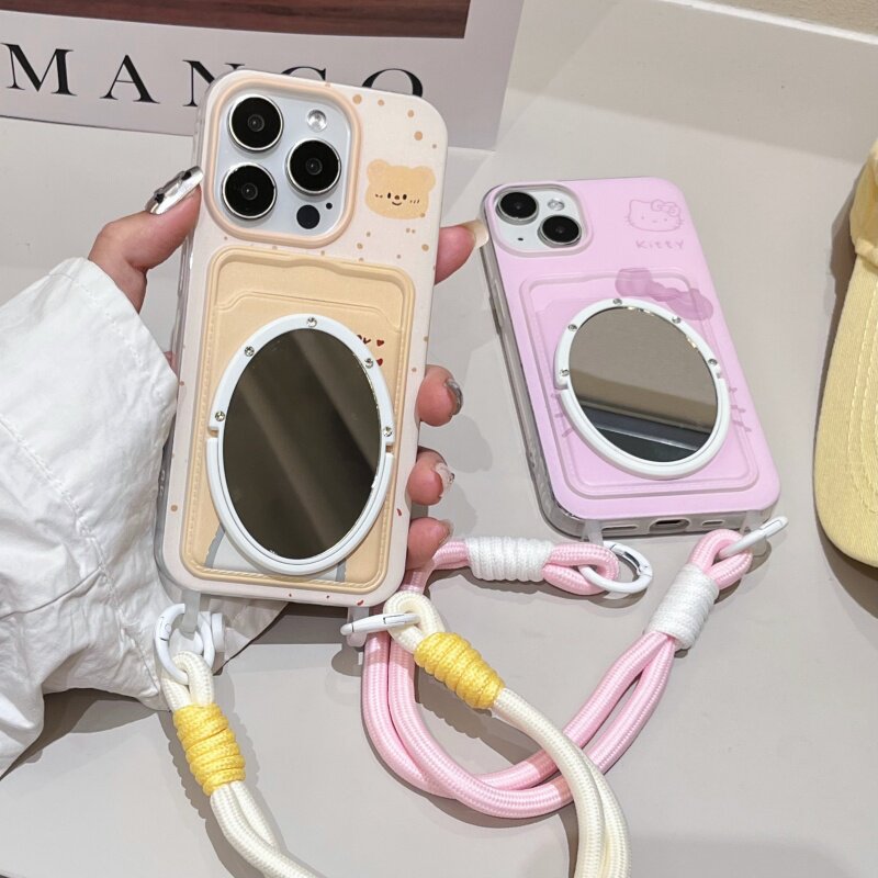卡包手提绳适用iphone16/15pro镜子手机壳黄维尼熊17promax苹果13/14手拎挂绳腕带保护壳插卡套kt猫零钱包女