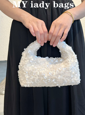 2025新品设计甜美女神珠片手提包链条斜挎女包手工包奢小众女包