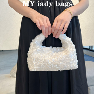 2025新品 设计甜美女神珠片手提包链条斜挎女包手工包奢小众女包