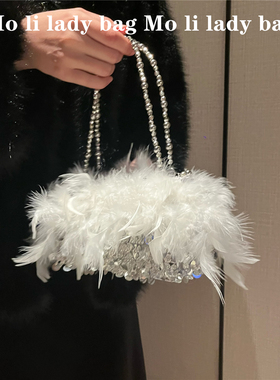 女包文艺仙女亮片毛毛包手拿复古包旗袍包火鸡毛斜挎肩包晚宴包女