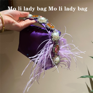 小众设计珍珠镶钻缎面手提包女2023新款包包时尚小方包宴会晚装包